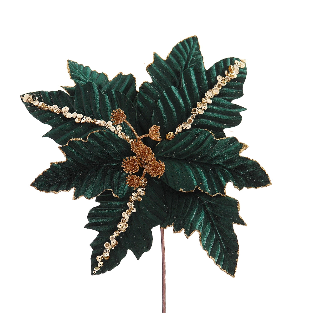 Ponsettia vert foncé à feuilles velours, bordures dorées et perles scintillantes