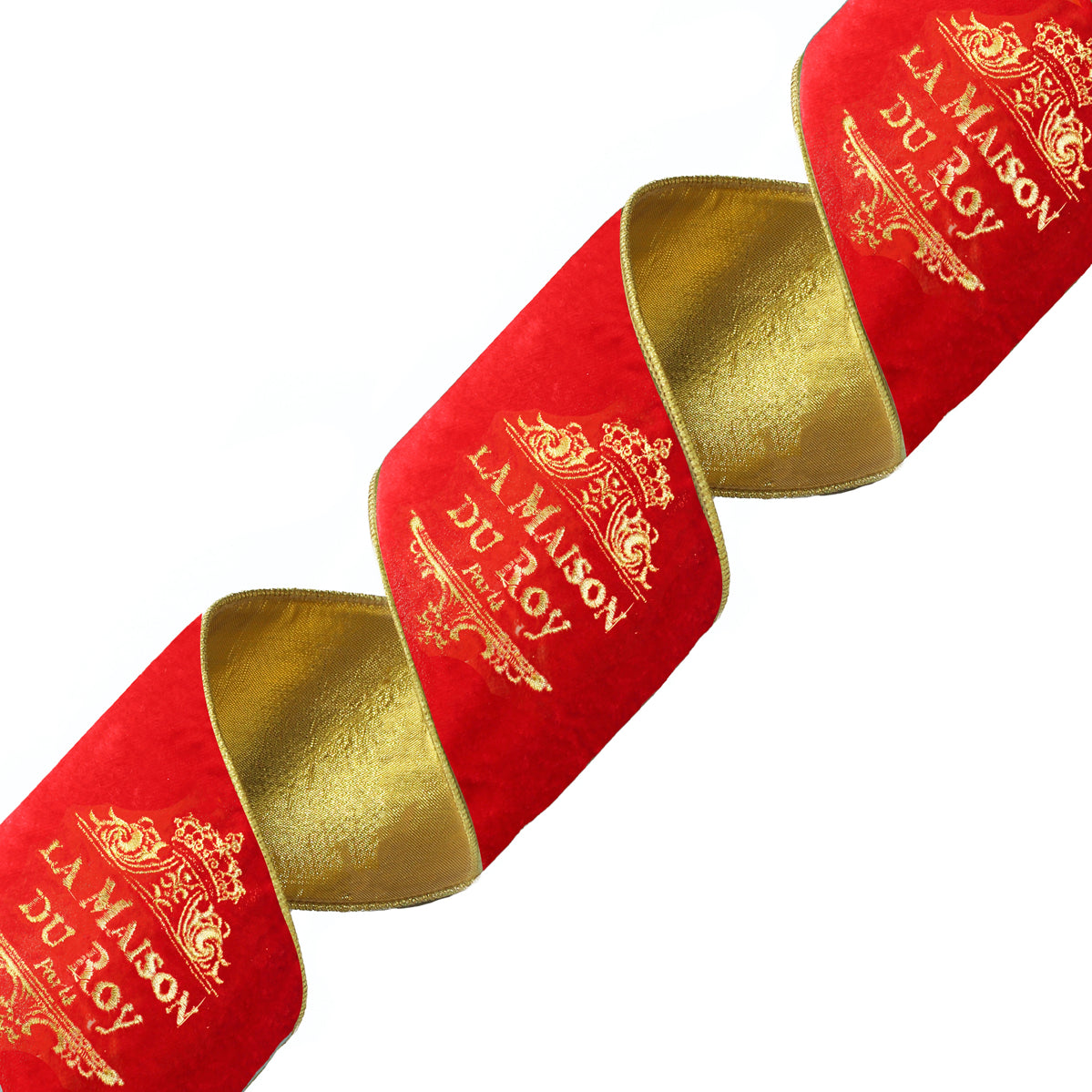 Ruban en velours rouge brodé de doré, revers satin or et logo La Maison du Roy