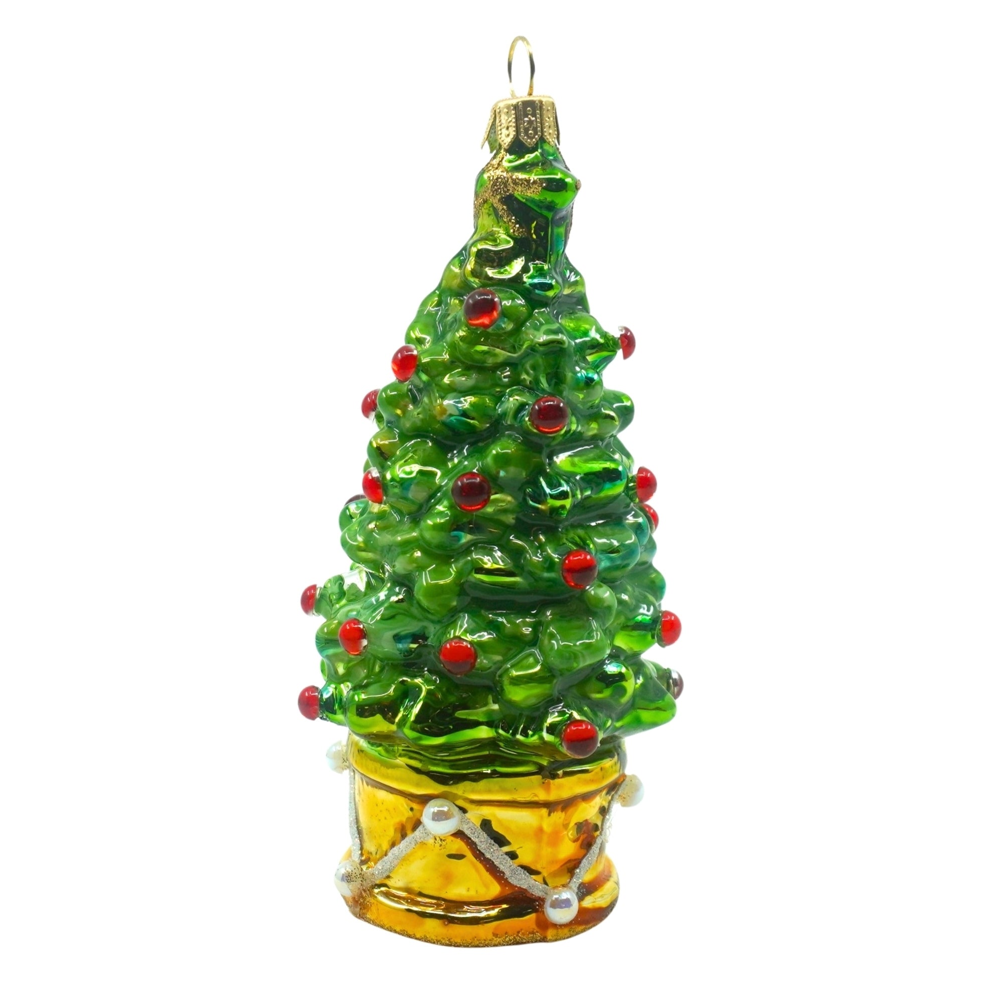 Sapin de Noël en verre soufflé vert à baies rouges sur socle doré perlé