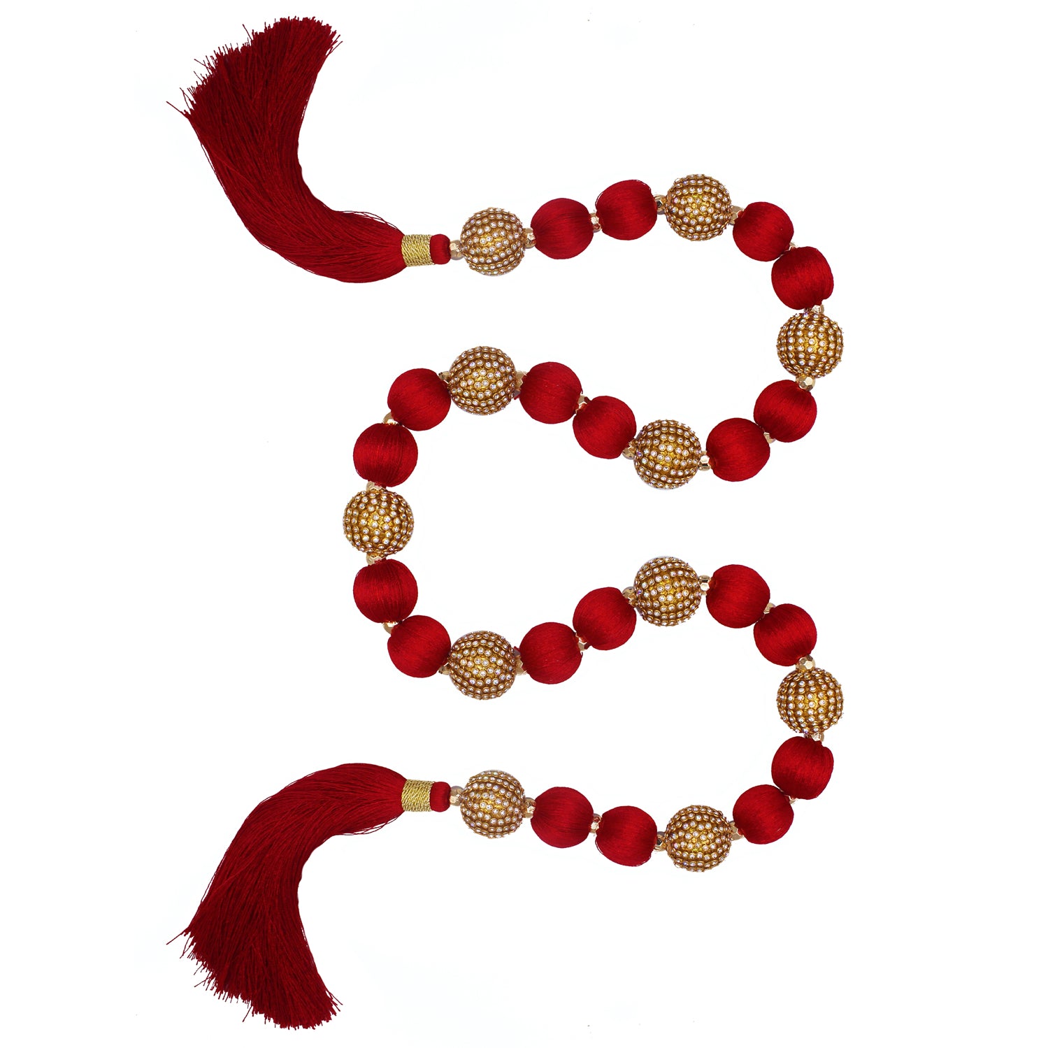 Guirlande de boules rouges et dorées avec strass et deux pompons rouges