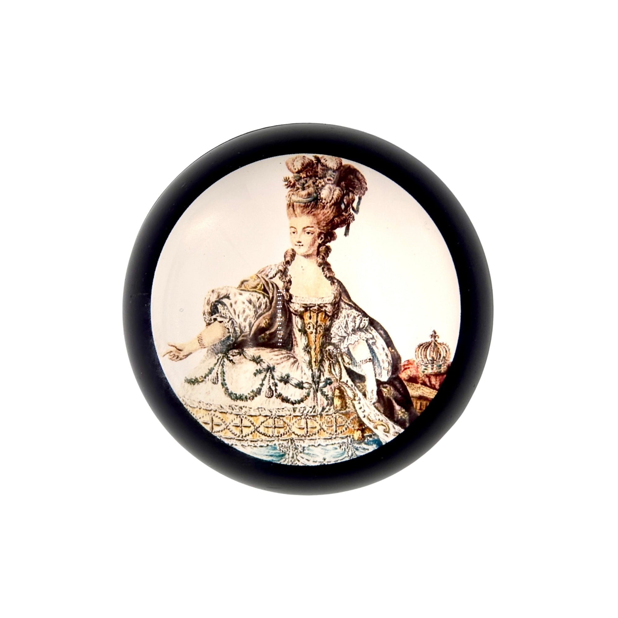 Grande hémimorphose en verre avec portrait de Marie-Antoinette, contour noir arrondi et décor royal vintage