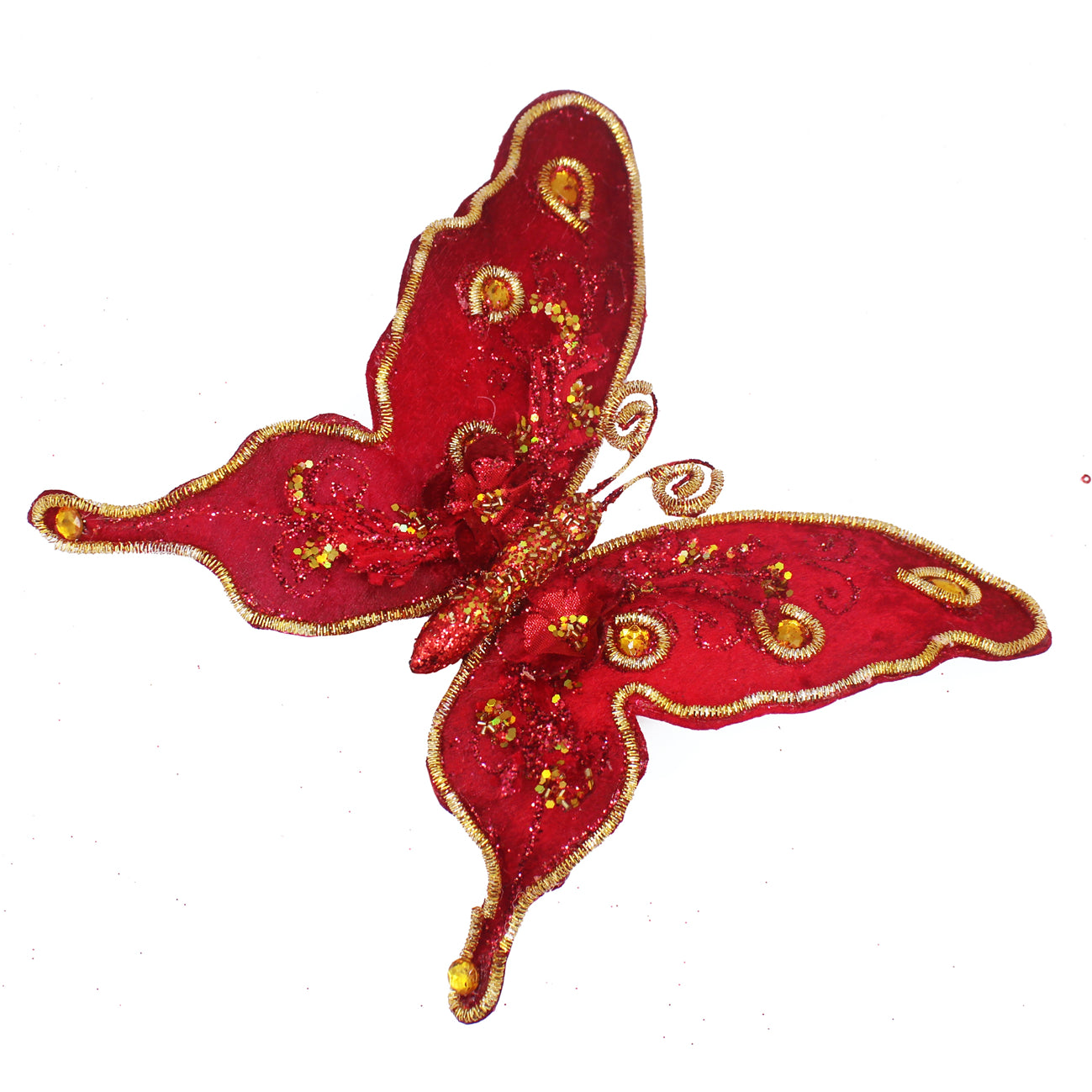 Papillon décoratif à pince rouge en tissu, bordures dorées et perles scintillantes