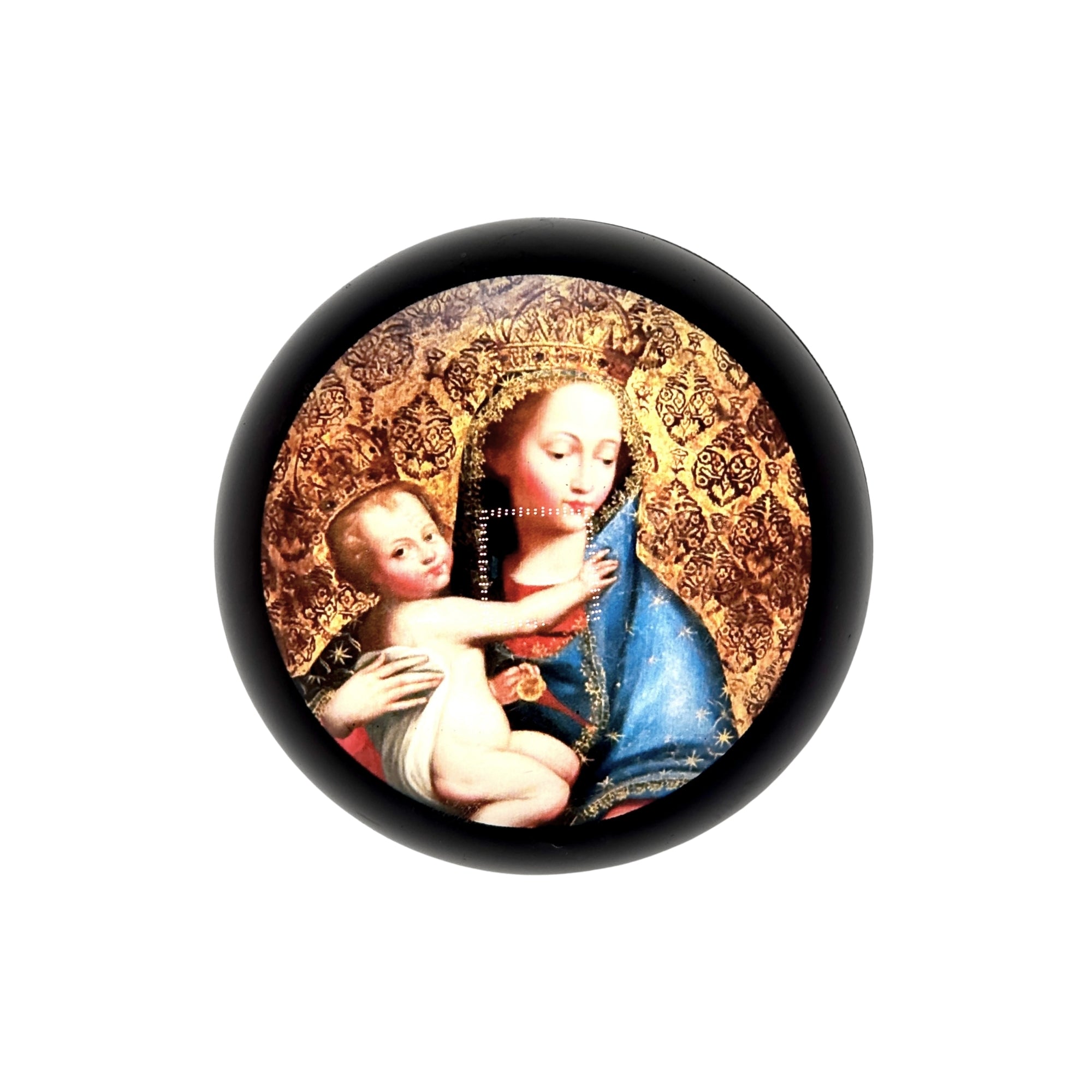 Grande hémimorphose ronde polie, Vierge à l’Enfant sur fond doré, manteau bleu et auréoles détaillées