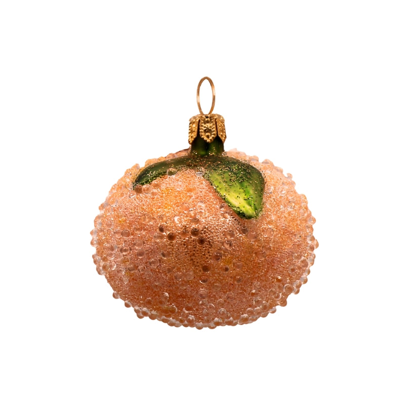 Mandarine en verre soufflé orange texturé avec feuilles vertes et attache dorée