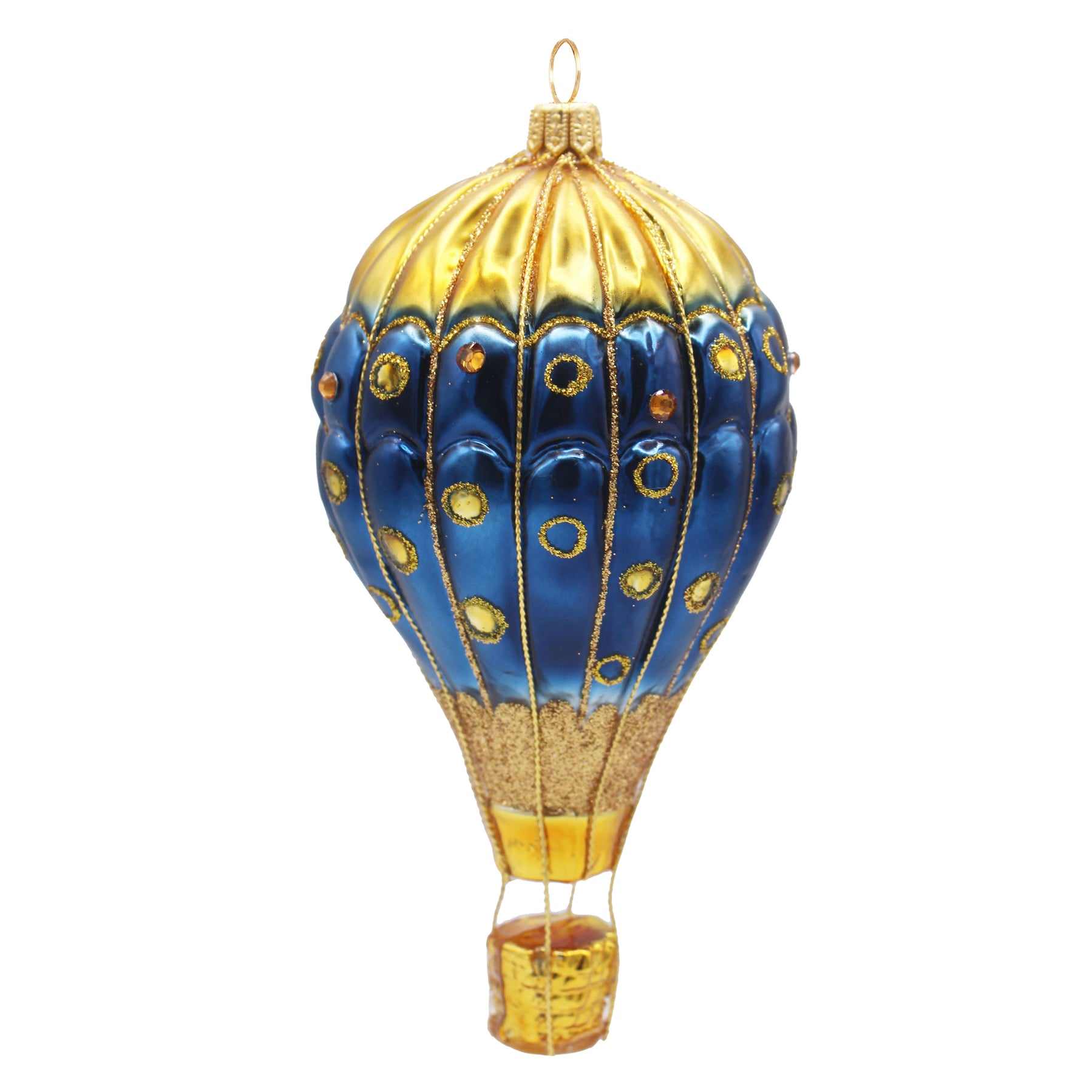 Montgolfière en verre soufflé bleue et dorée à motifs de pastilles