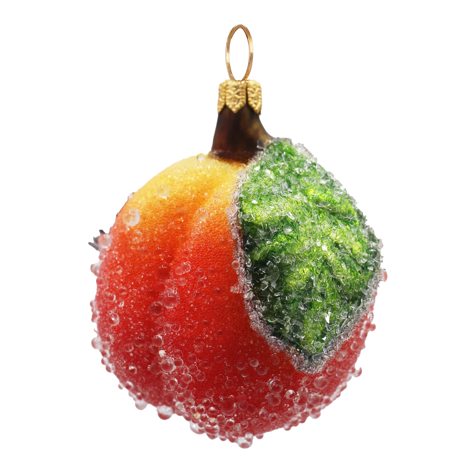 Pêche de Noël en verre soufflé orange et vert avec tige brunie