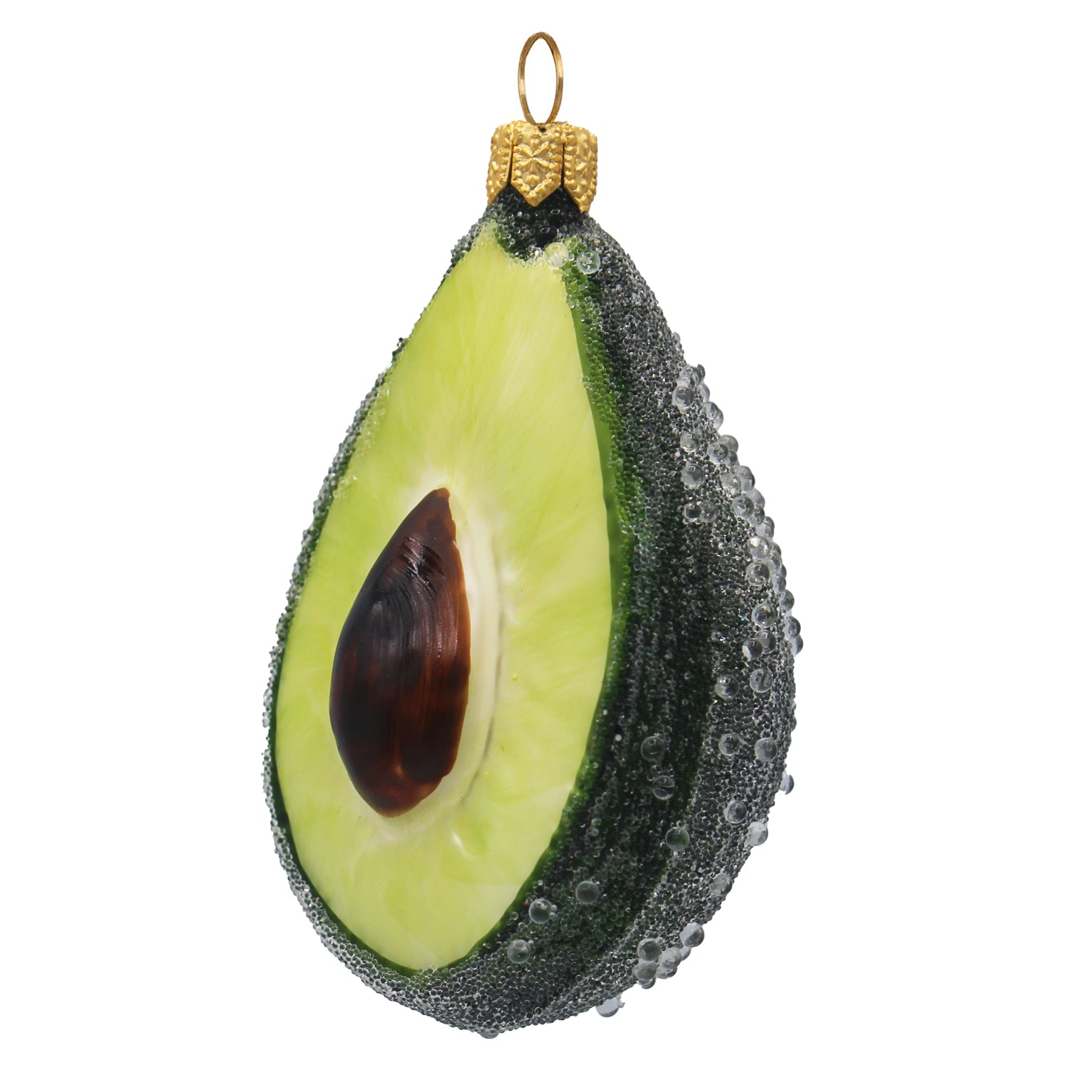 Moitié d'avocat en verre soufflé vert et brun, suspendue, avec noyau brun