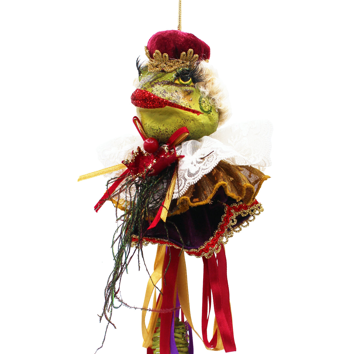 Grenouille décorative suspendue en reine, vêtue de rouge, vert et doré avec col blanc