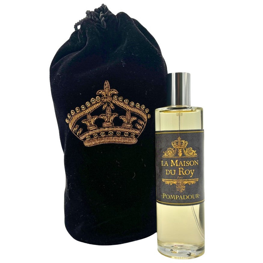 Flacon de parfum d'ambiance Pompadour avec pochon noir en velours brodé d'une couronne dorée