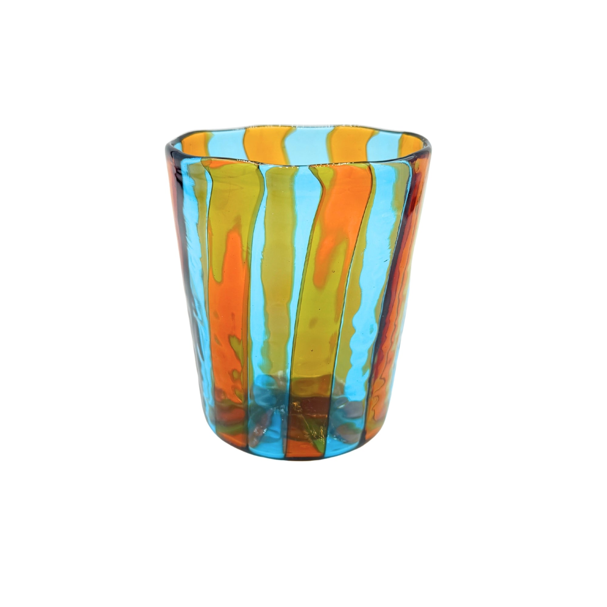 Verre Murano en verre soufflé bleu et orange, motifs verticaux ondulés translucides, forme évasée
