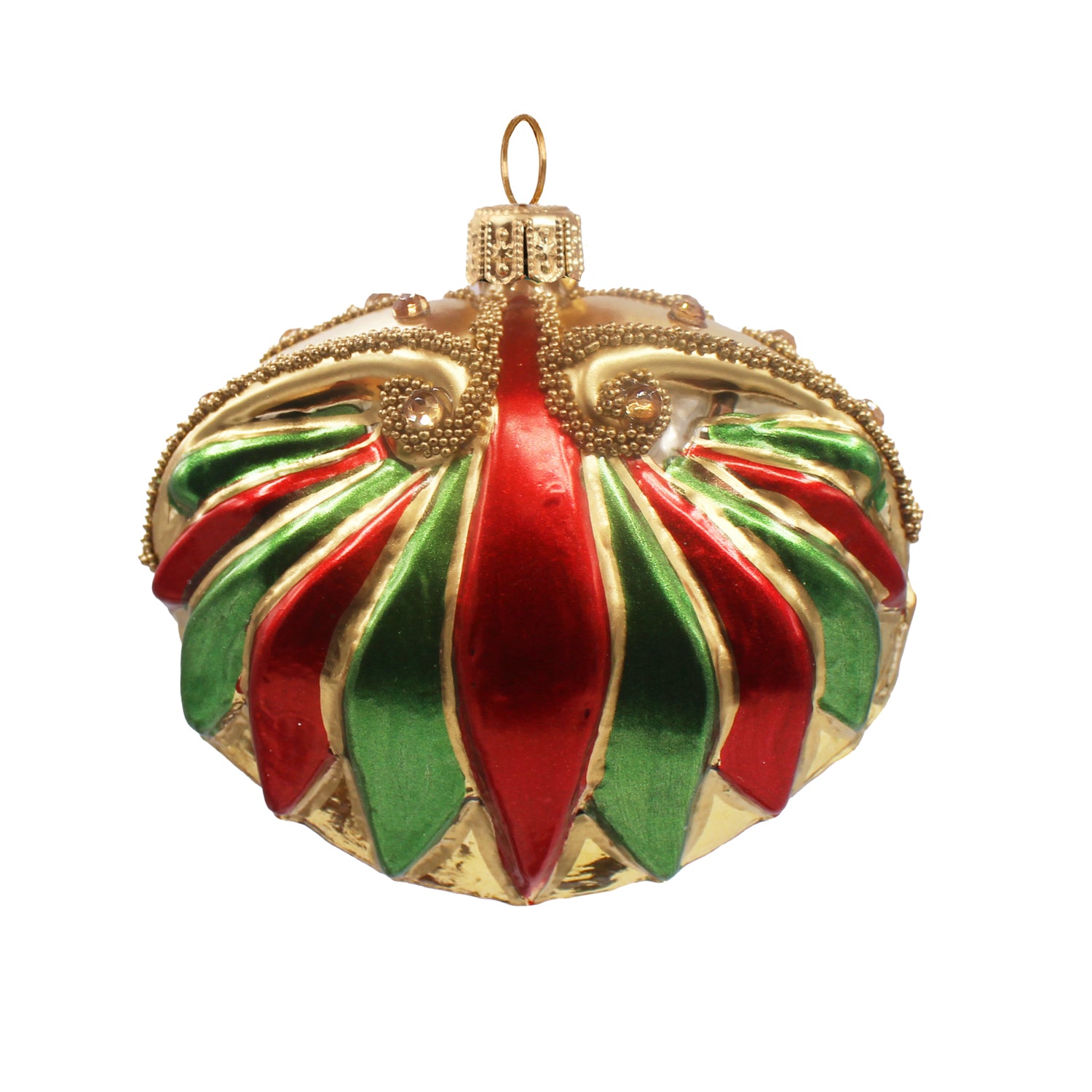 Ornement de Noël en verre soufflé rouge, vert et doré, décor baroque à reliefs