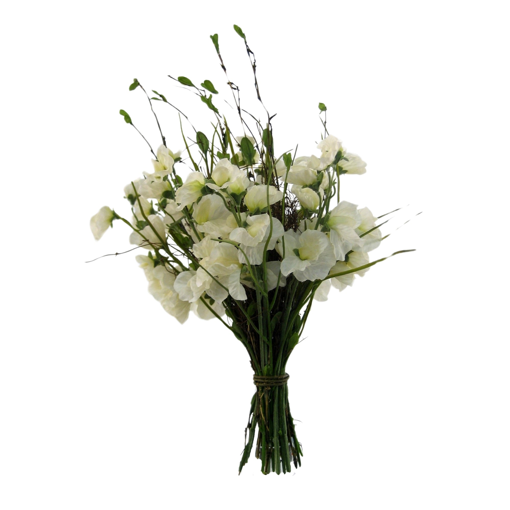 Bouquet de pois de senteur artificiels blancs de 30 cm avec tiges et feuillage verts