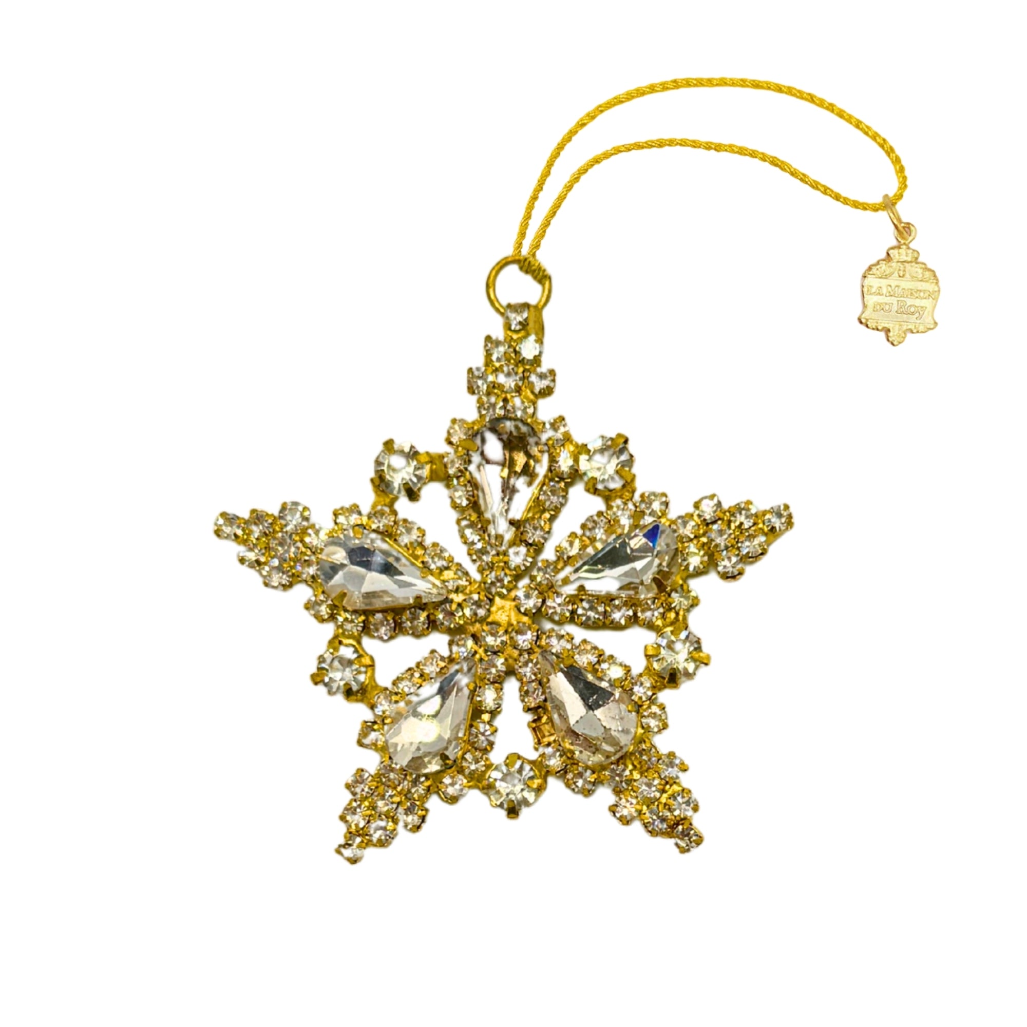 Ornement étoile en métal doré serti de strass et gouttes facettées, avec cordon