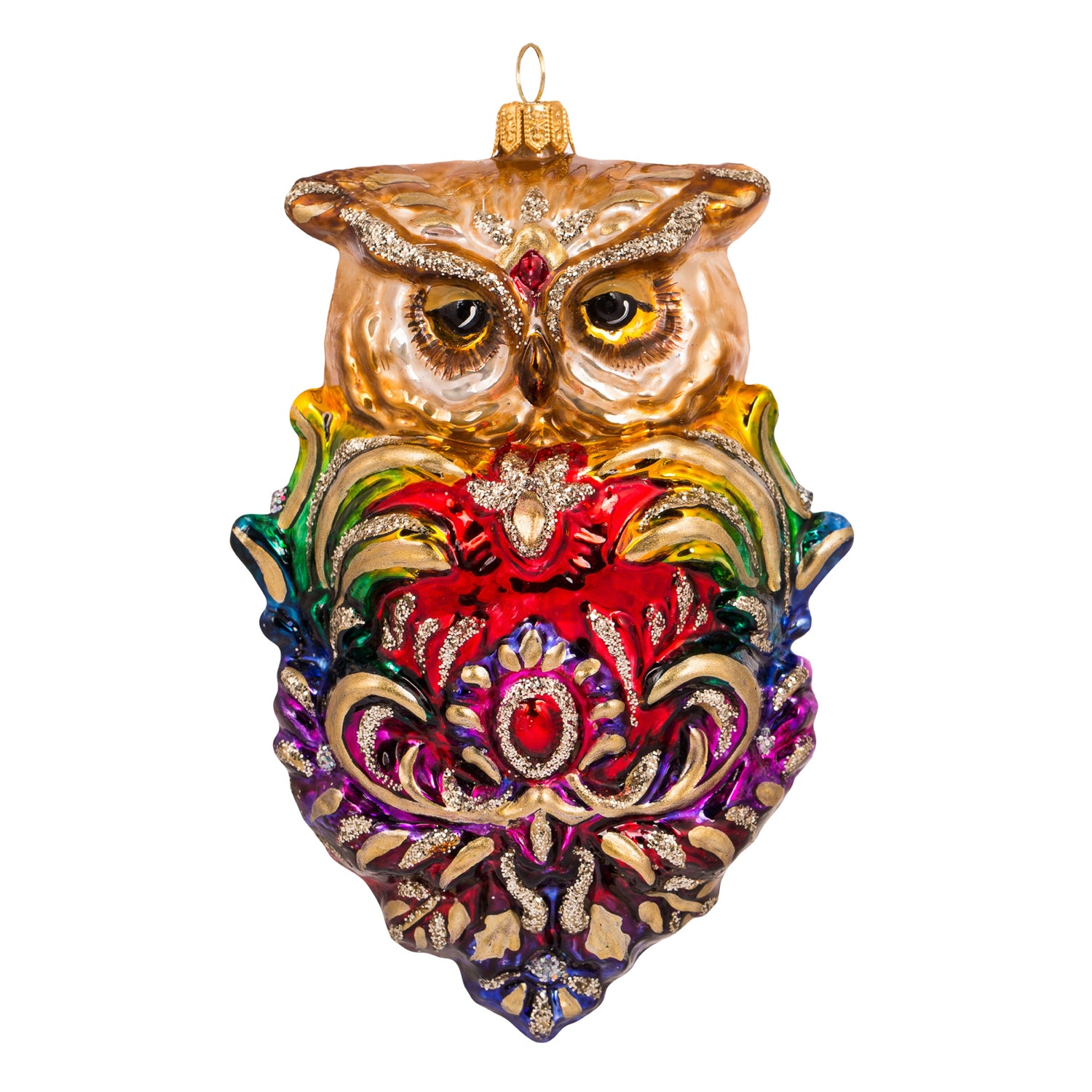 Hibou royal en verre soufflé multicolore avec détails dorés et pierre rouge