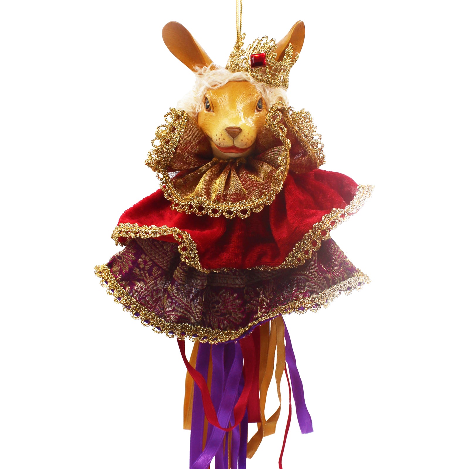 Lapin décoratif habillé en roi, costume rouge et doré avec couronne et rubans pendants