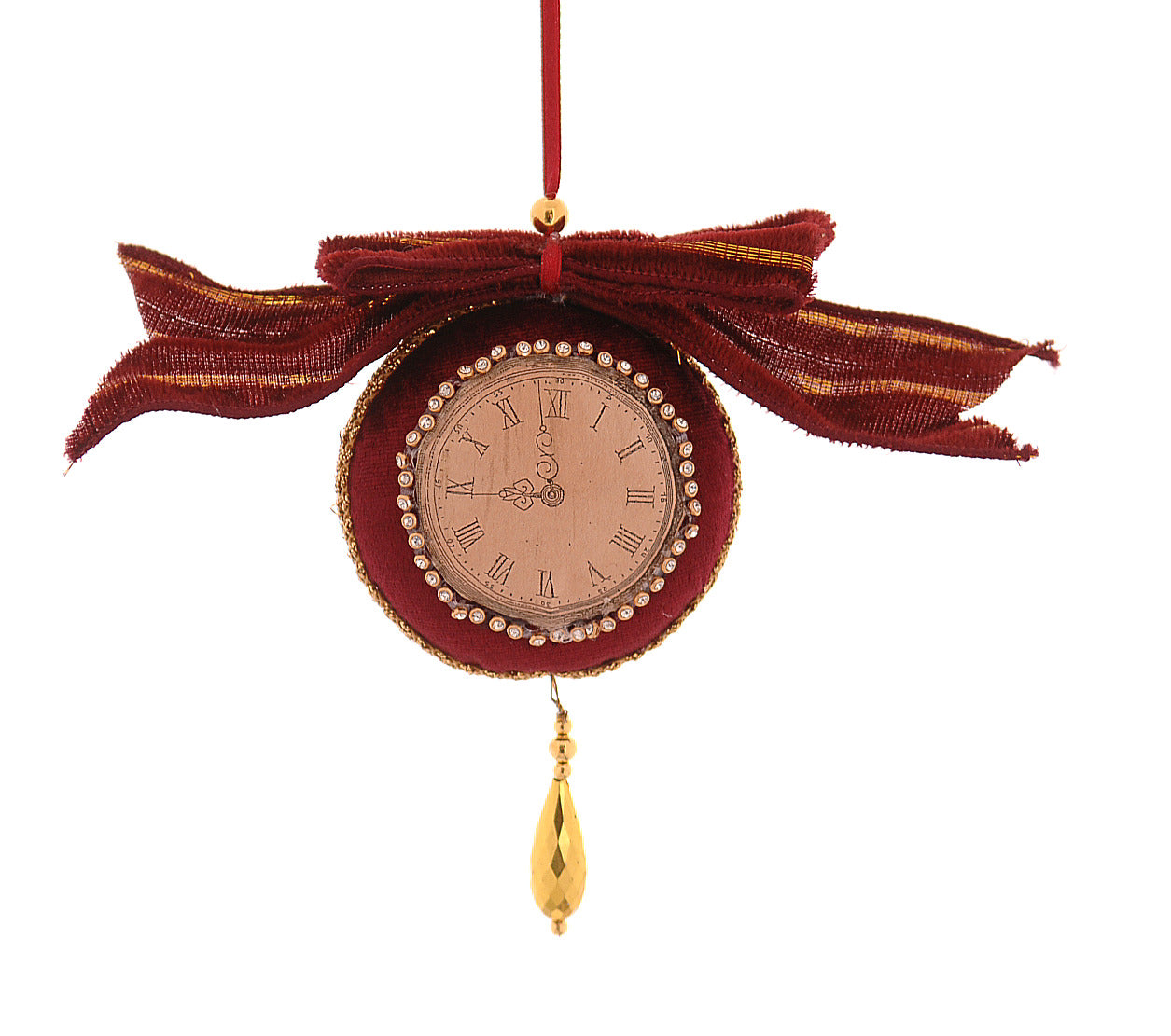 Horloge décorative ronde en velours bordeaux avec cadran doré, nœud en tissu et goutte pendante dorée