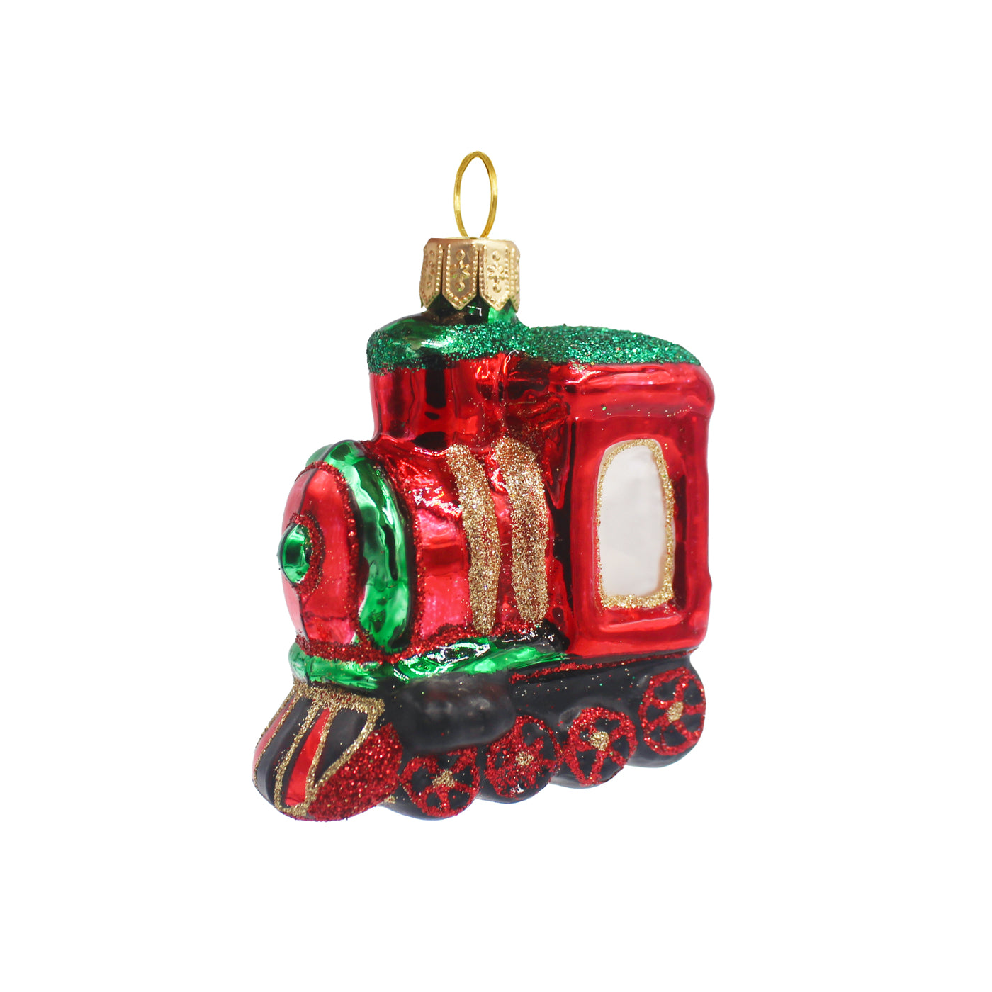 Petit train en verre soufflé rouge et vert, décoré de paillettes dorées