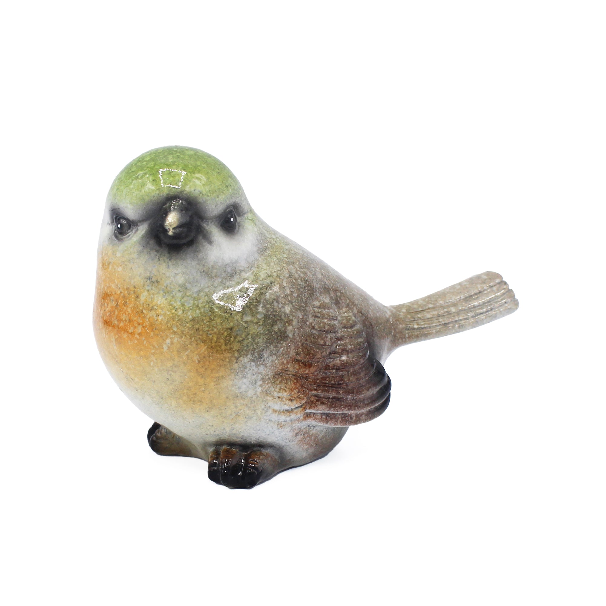 Oiseau décoratif en résine vert, brun et orange, vu de face