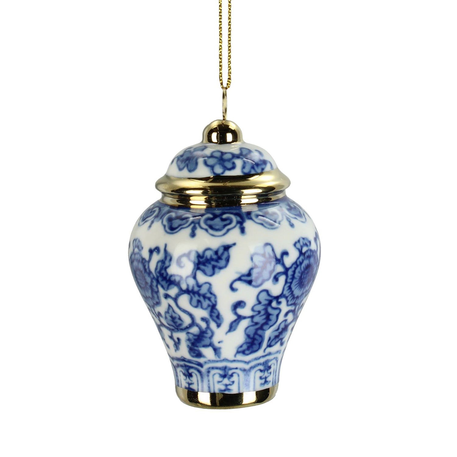 Jarre en porcelaine blanche et bleue à suspendre, motifs floraux et cordon doré