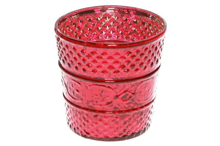 Photophore en verre rouge à picots en relief, forme cylindrique avec motifs texturés décoratifs