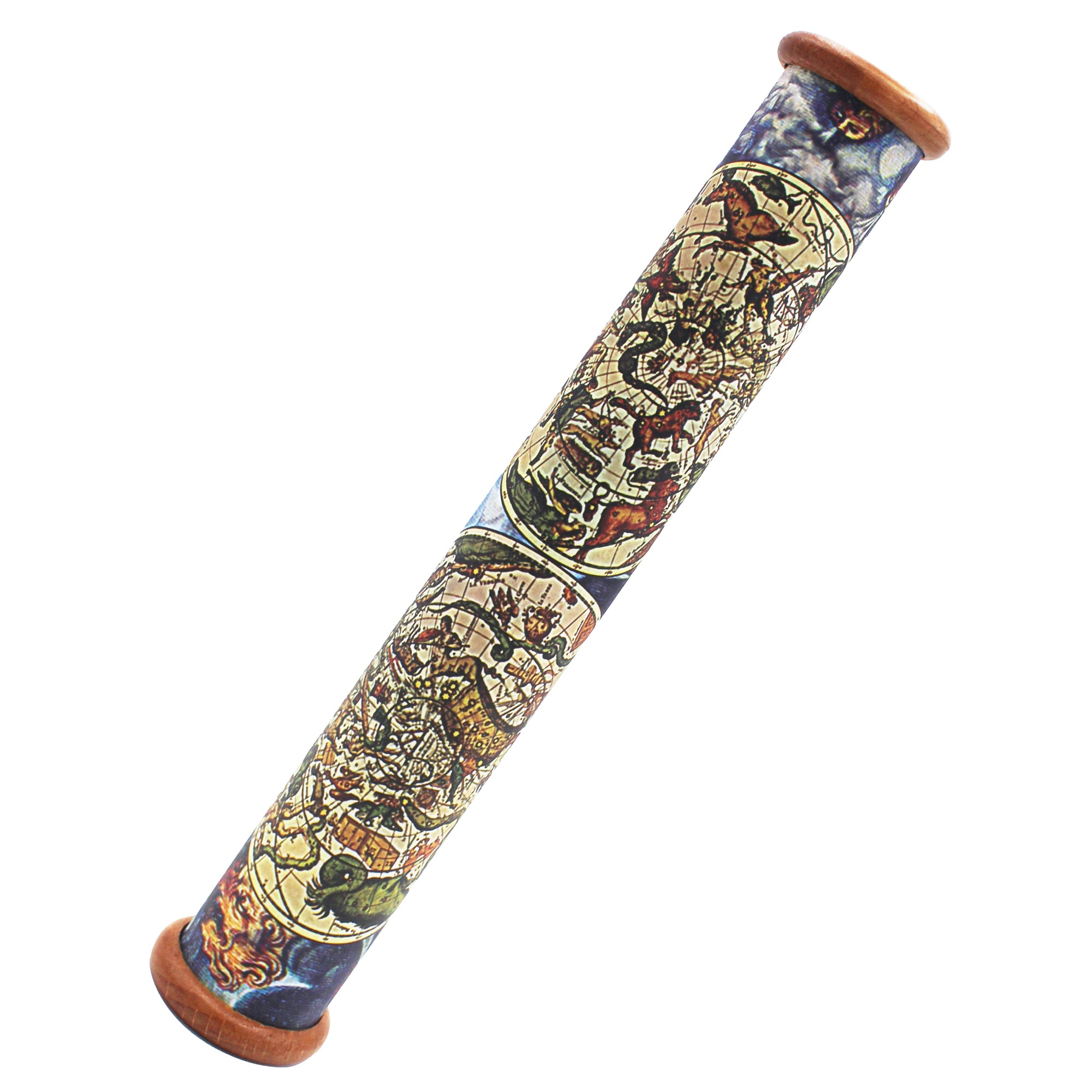 Kaléidoscope cylindrique modèle Mappemonde en papier imprimé multicolore avec embouts en bois
