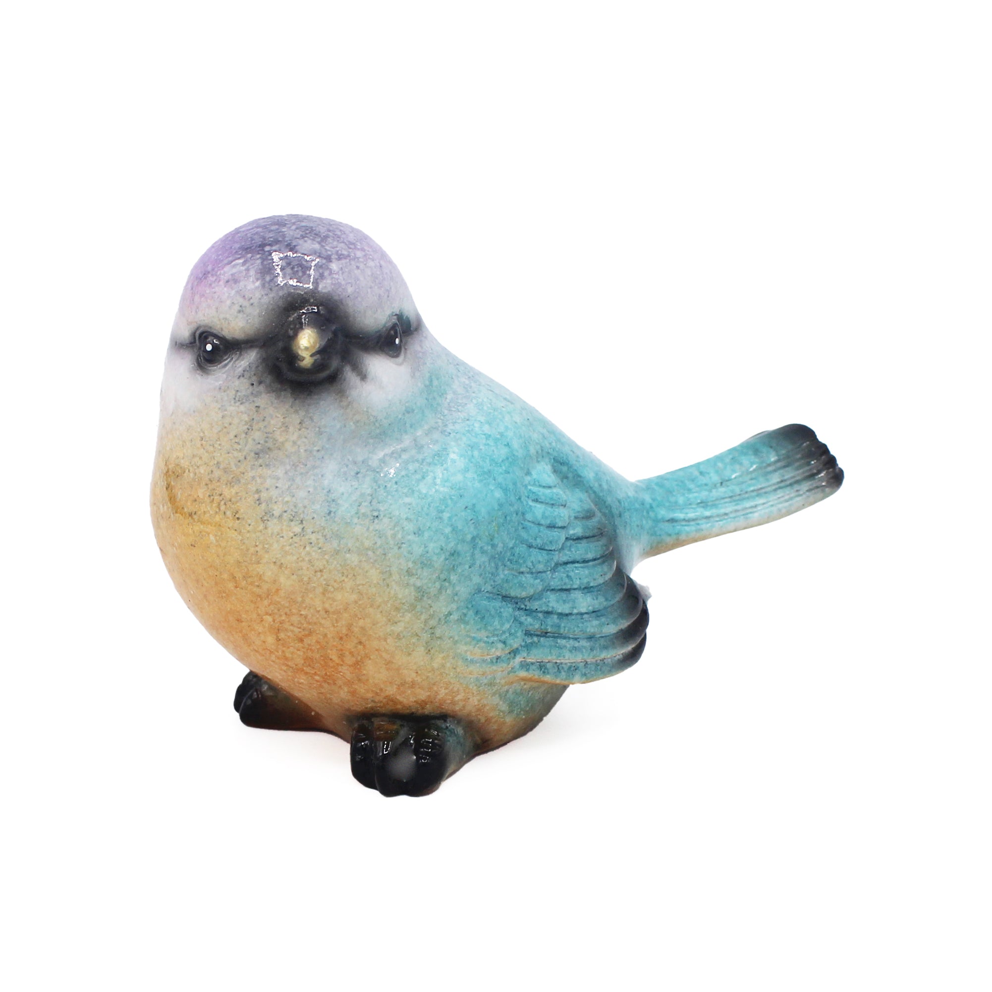 Petit oiseau décoratif en résine bleu, orange et violet, posé de face