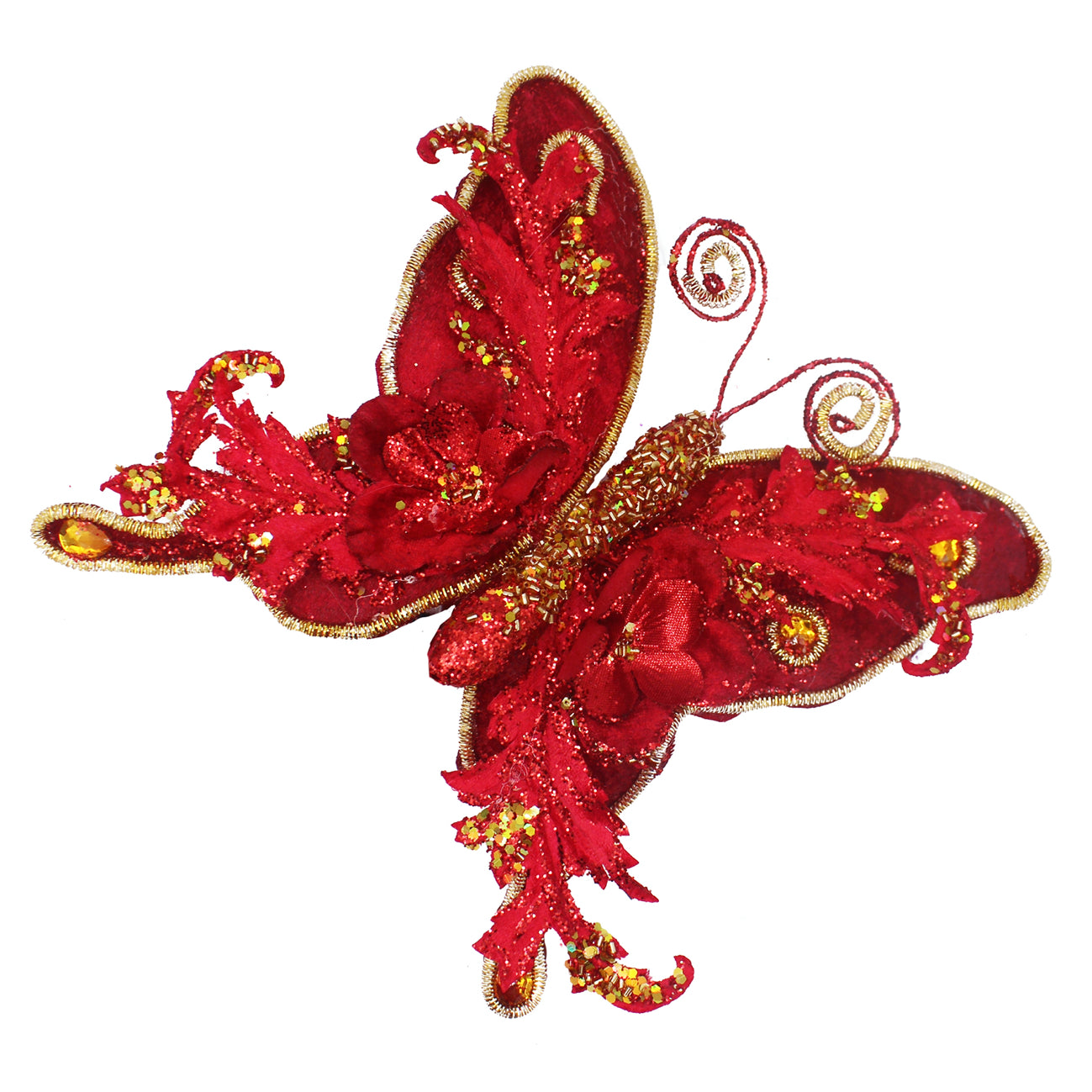 Papillon décoratif à pince rouge et doré en tissu pailleté, ailes déployées