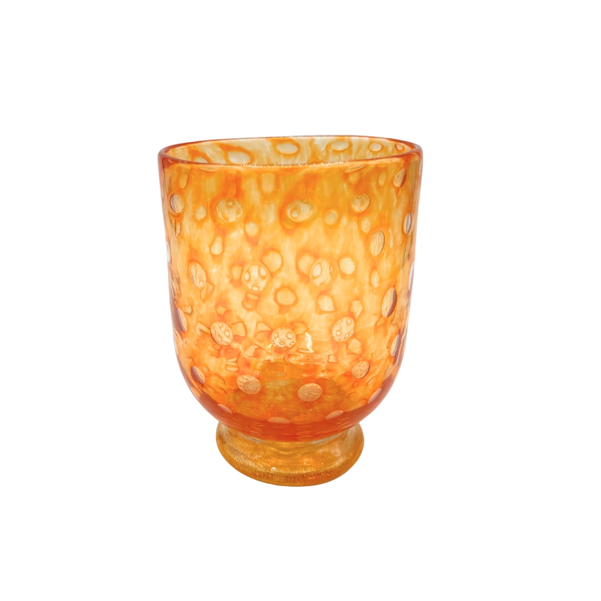 Verre Murano ambré en verre soufflé, motif bullé translucide et pied court assorti