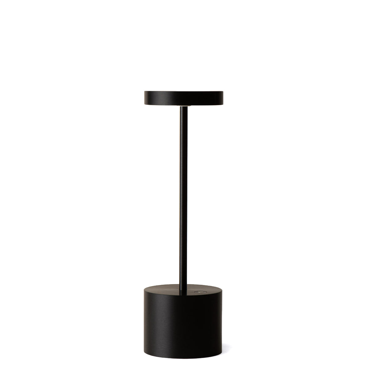 Lampe sans fil Luxciole noire en aluminium anodisé, base cylindrique et abat-jour rond