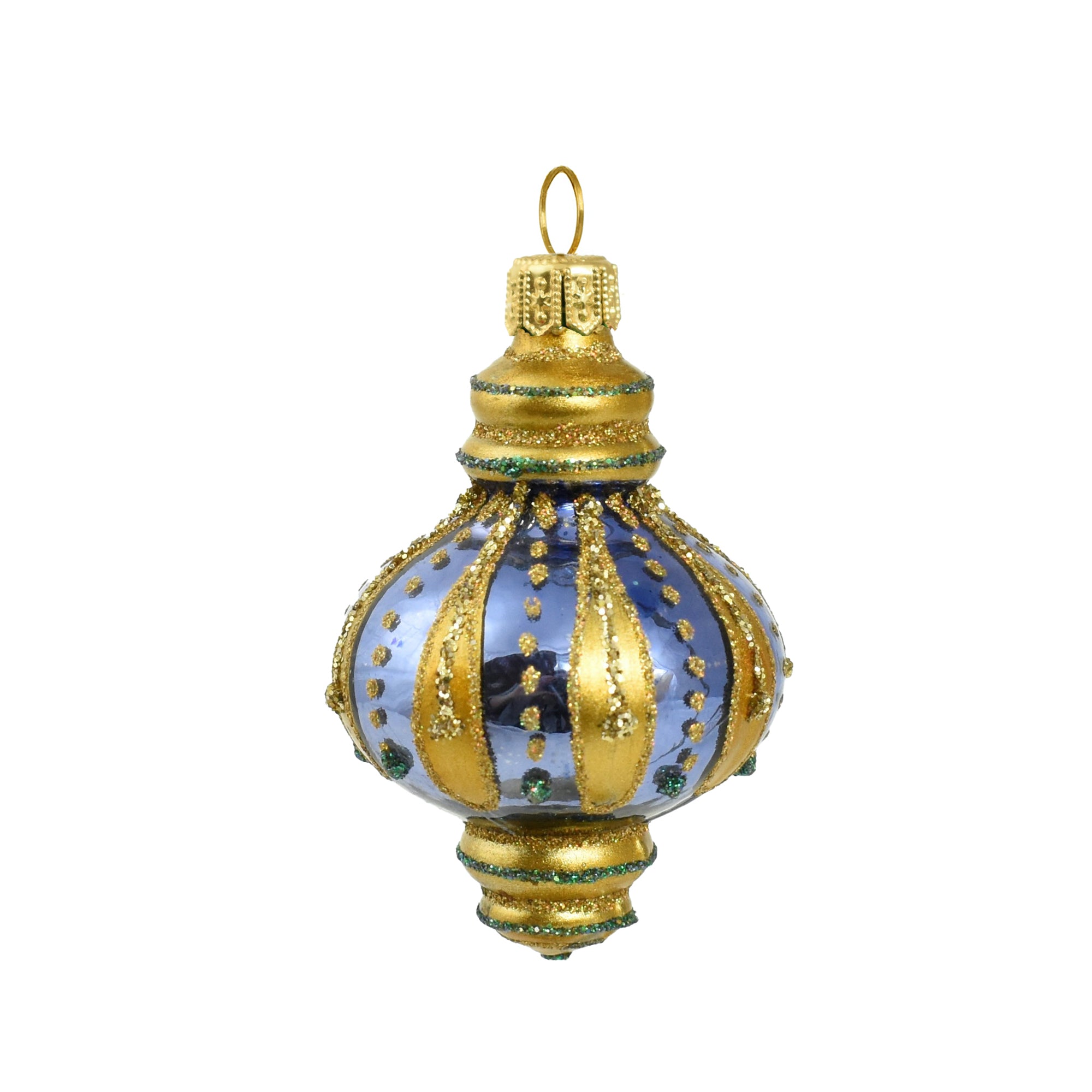 Ogive en verre soufflé bleue à bandes dorées et finition pailletée