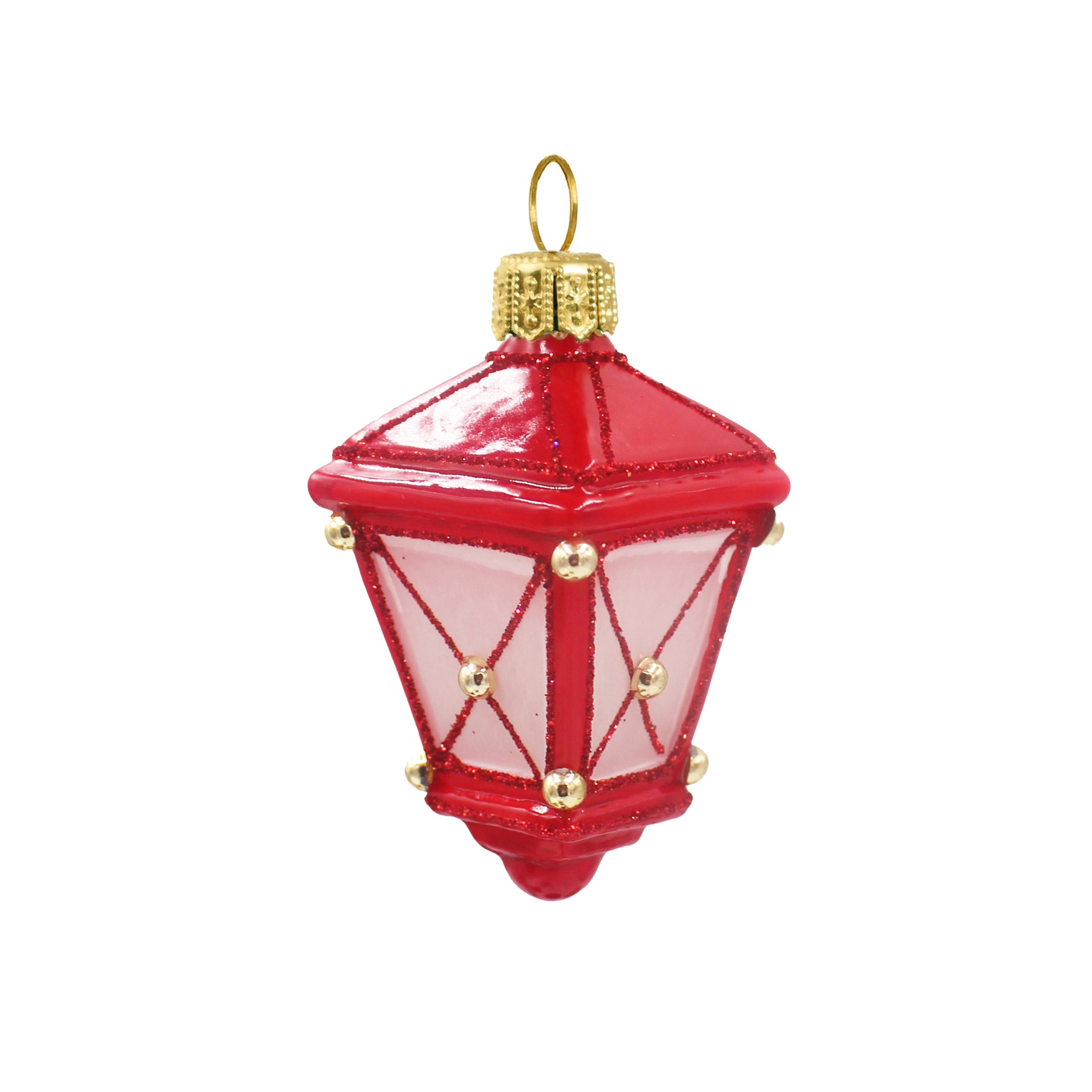 Petite lanterne en verre soufflé rouge et doré avec capuchon et anneau de suspension