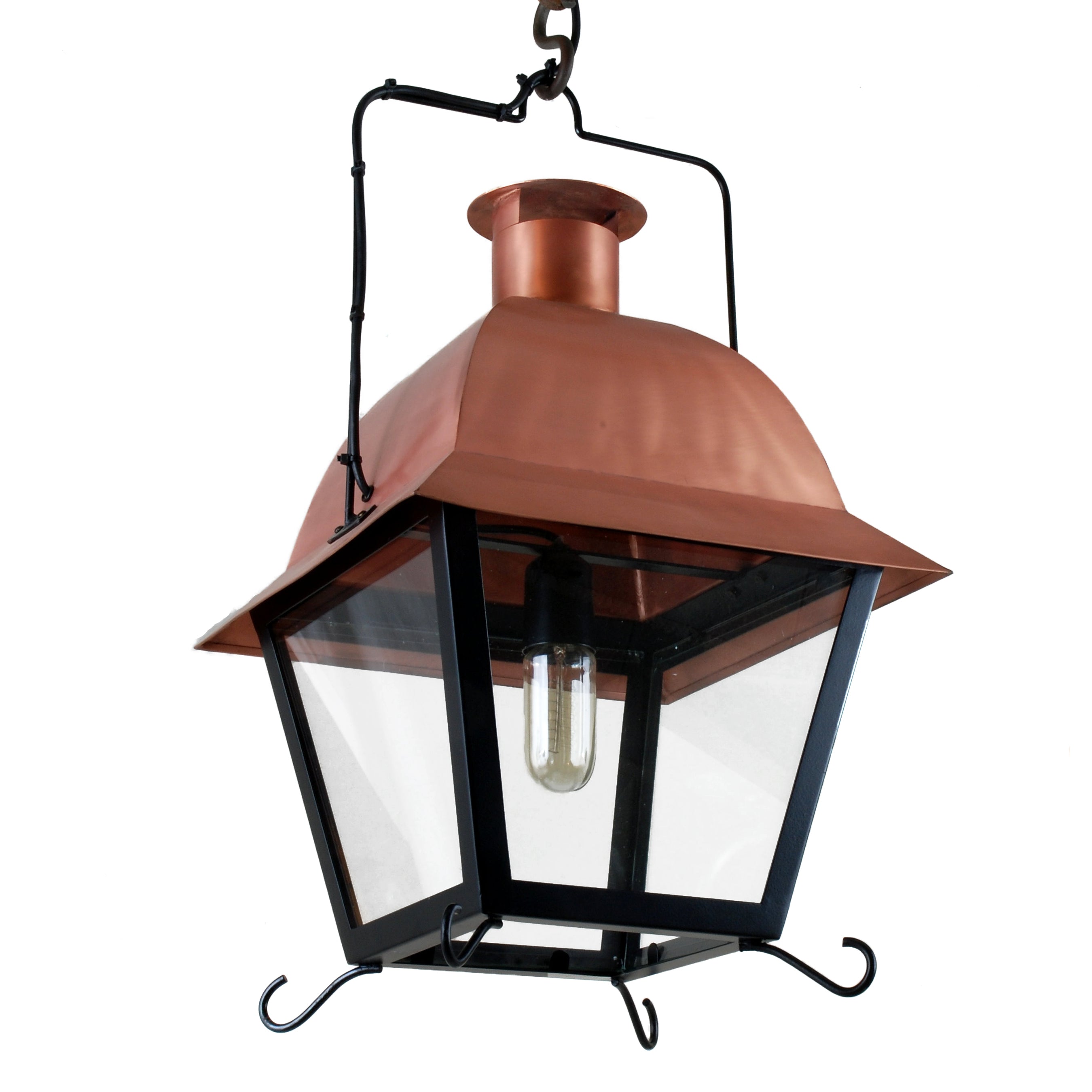 Lanterne d'extérieur en fer forgé noir avec toiture cuivre et vitres transparentes