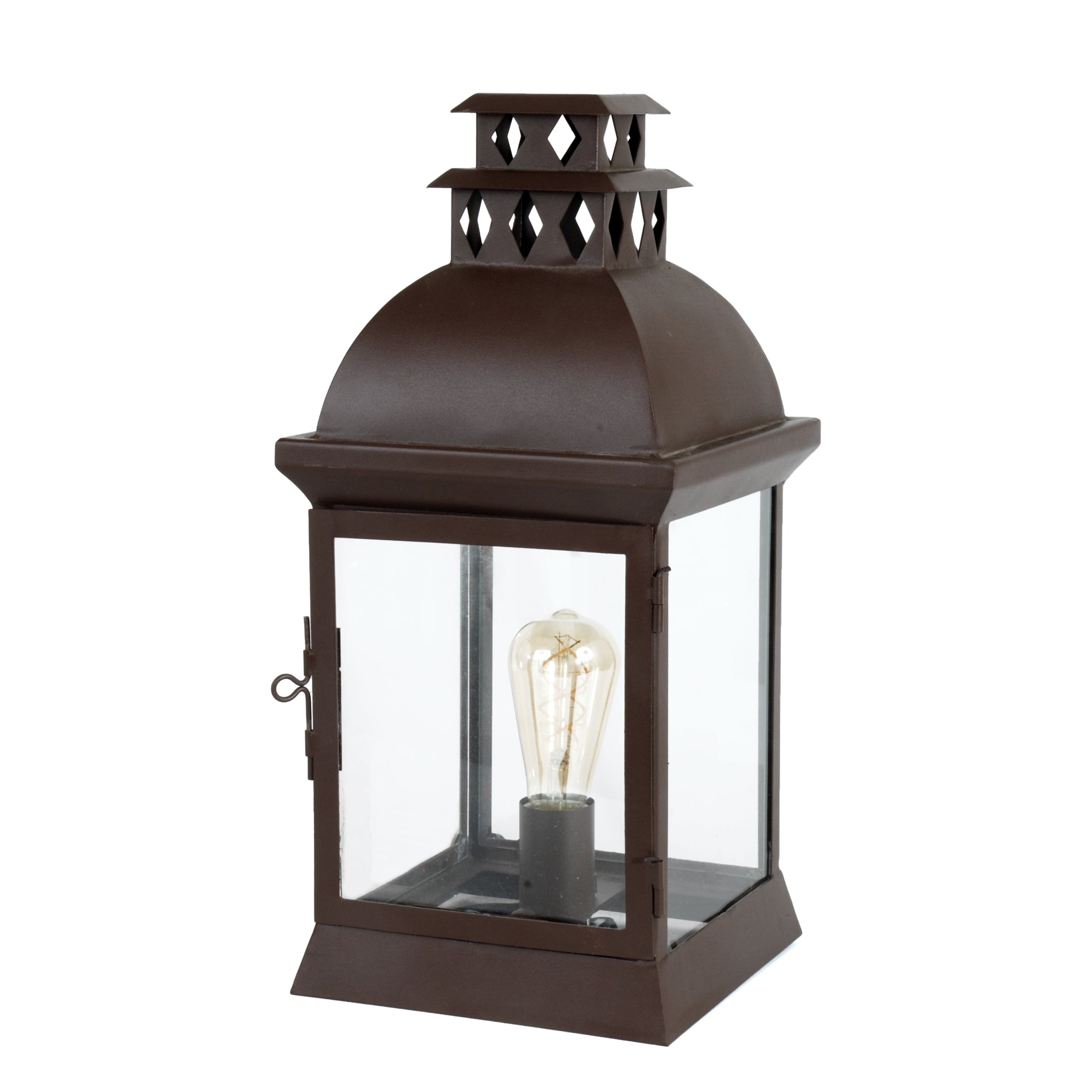 Lanterne d'extérieur en fer forgé brun avec vitre et ampoule apparente