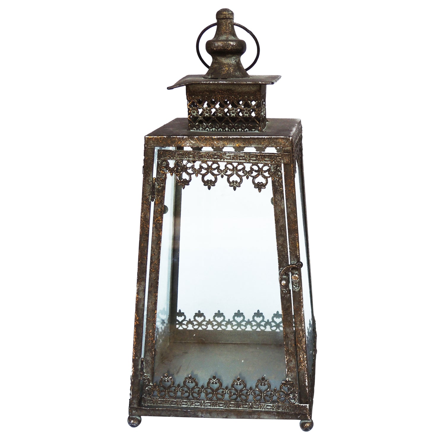 Lanterne d'intérieur en métal patiné bronze avec vitres et motif ajouré