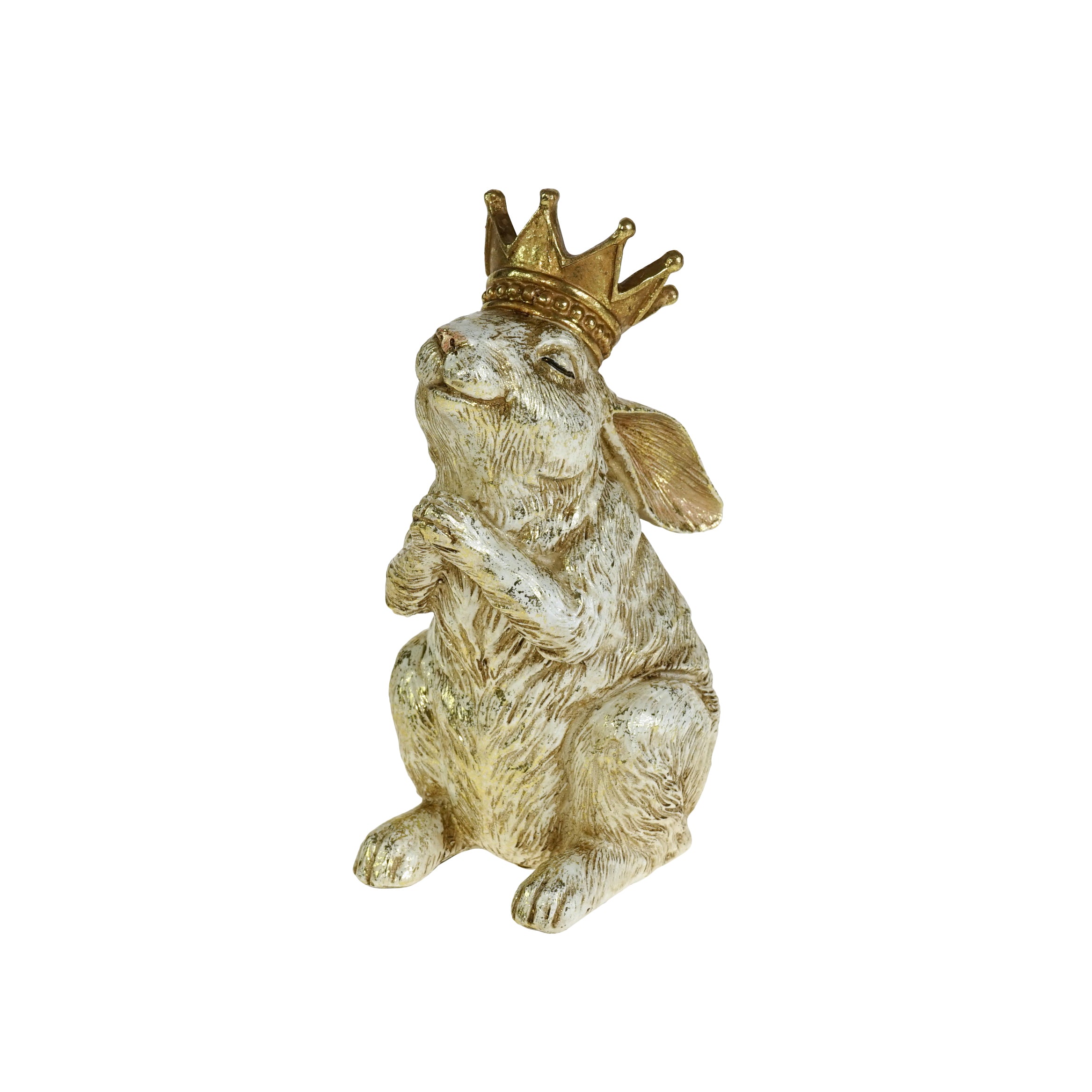 Lapin en résine crème et doré portant une couronne dorée