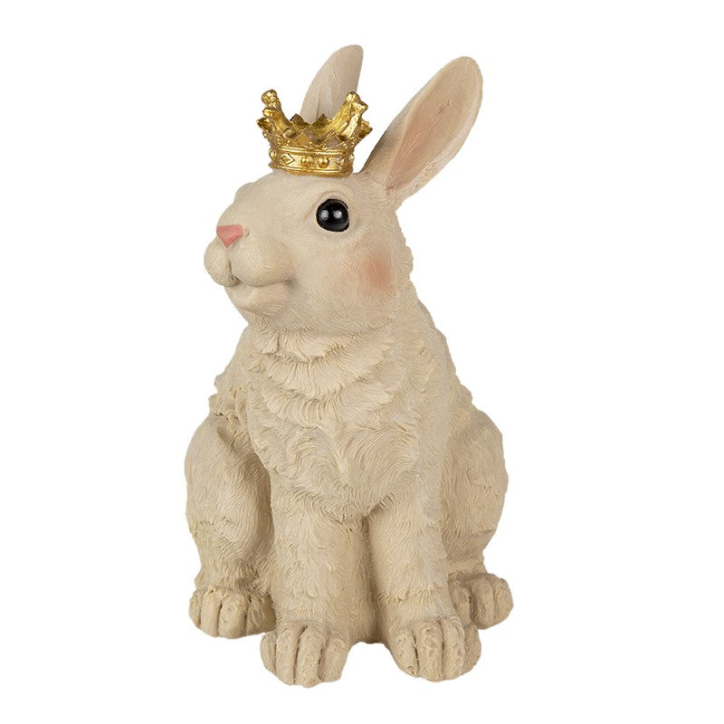 Lapin en résine beige avec couronne dorée, assis de face