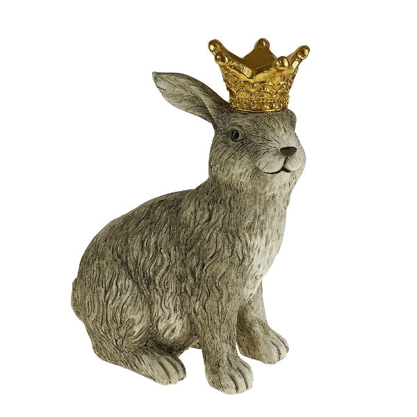 Lapin en résine grise avec couronne dorée, assis de face