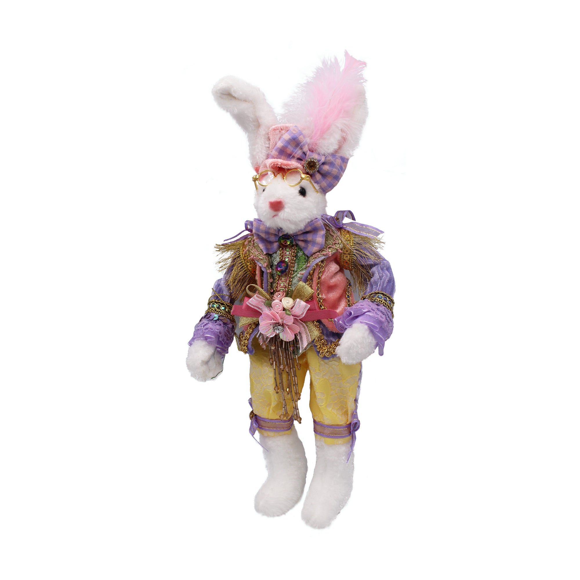 Lapin de Pâques blanc vêtu de violet et jaune avec chapeau à plumes roses