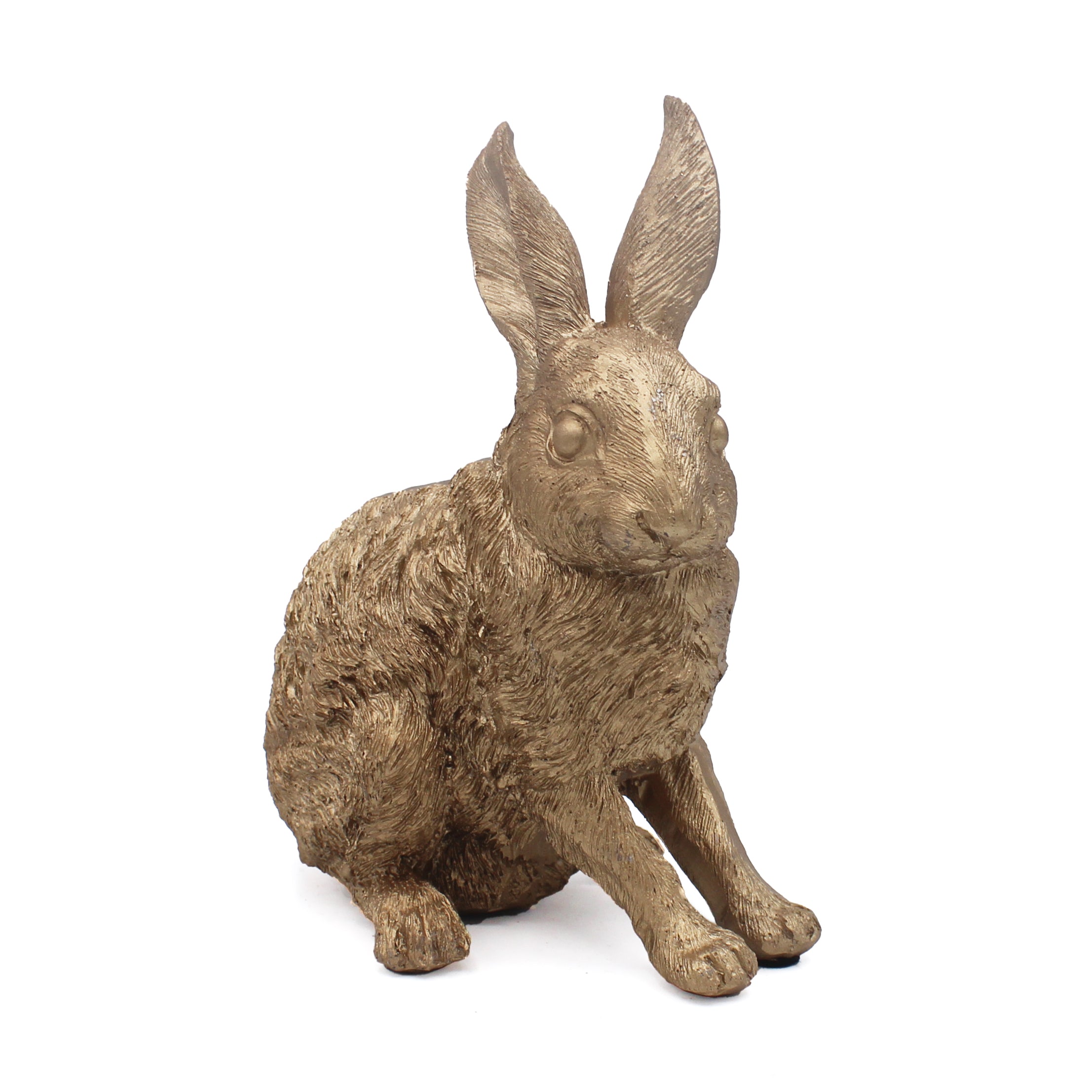 Lapin assis doré en résine, oreilles dressées et texture sculptée