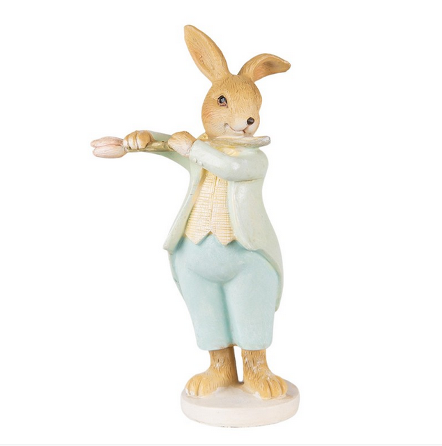 Lapin flûtiste en résine aux tons pastel, jouant de la flûte, tenue bleu clair