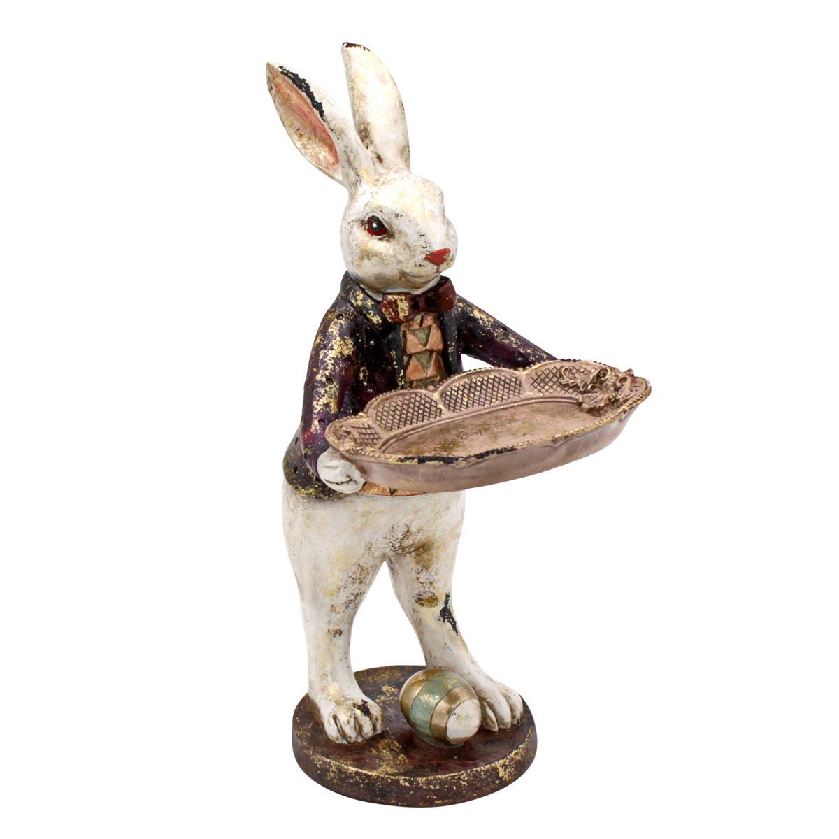 Lapin en résine crème et prune portant un plateau, avec un oeuf décoratif au pied