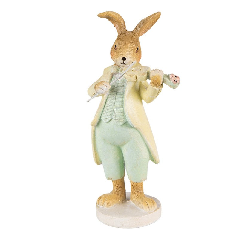 Lapin violoniste en résine pastel, tenue jaune et vert clair, jouant du violon