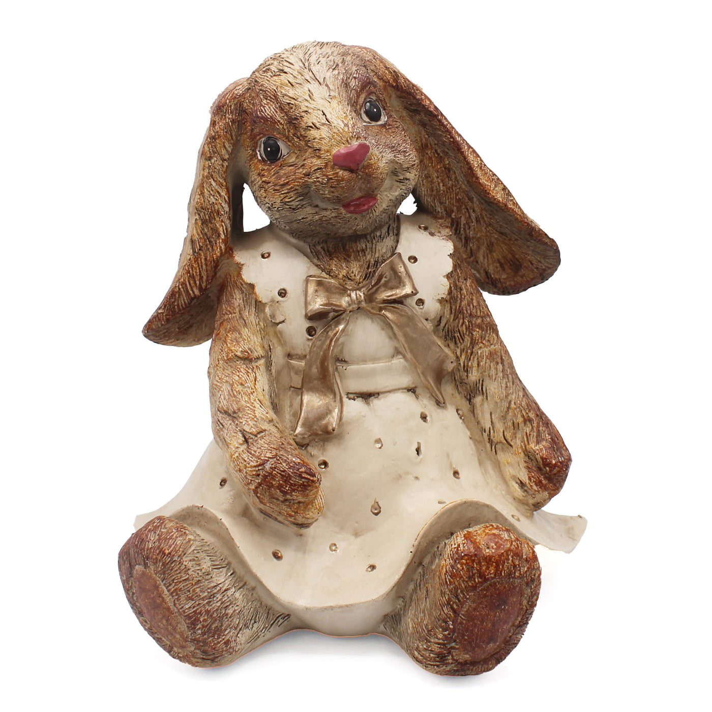 Lapine assise en résine crème et brun, robe à nœud doré et longues oreilles