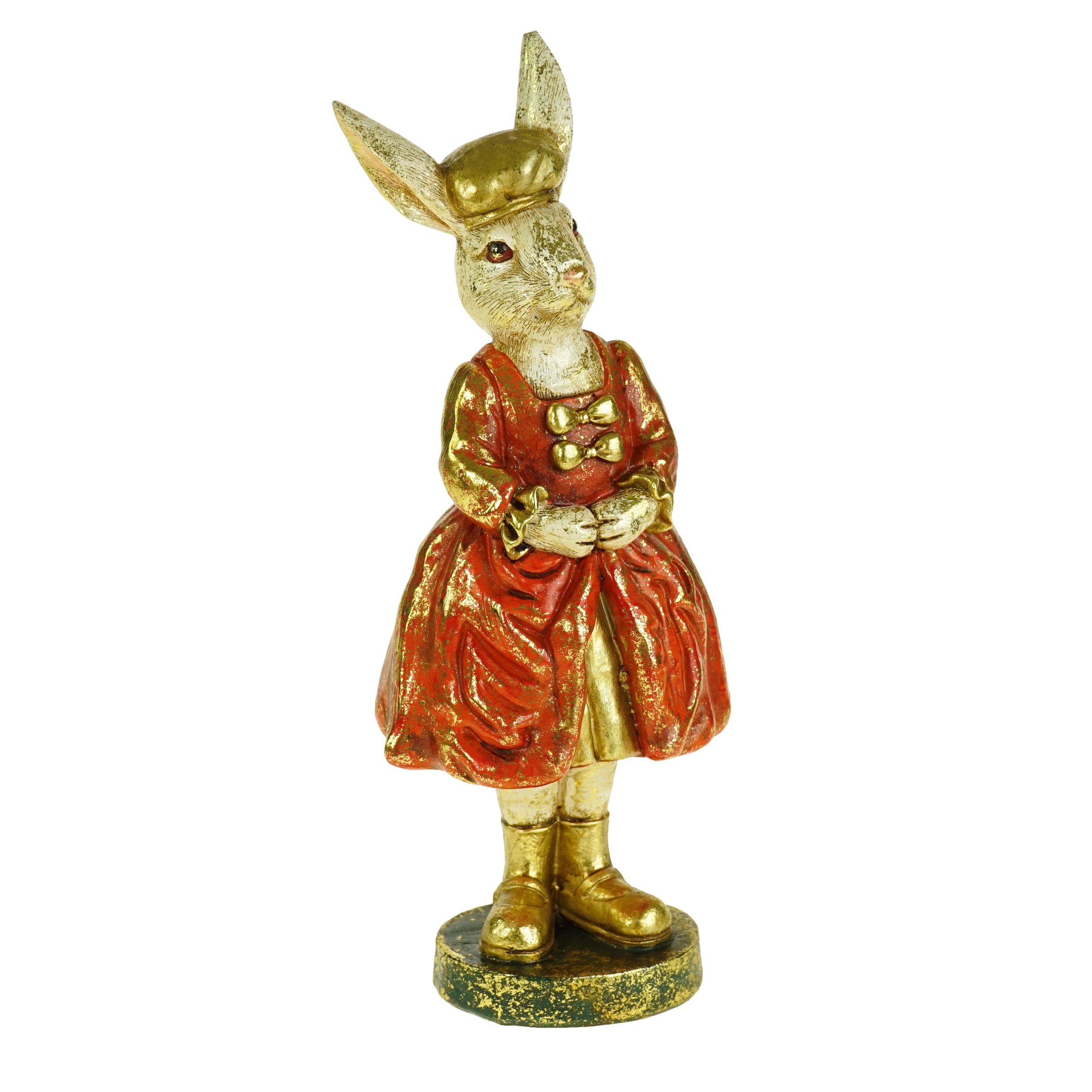 Lapine en résine vêtue d'une robe rouge et dorée, debout sur socle