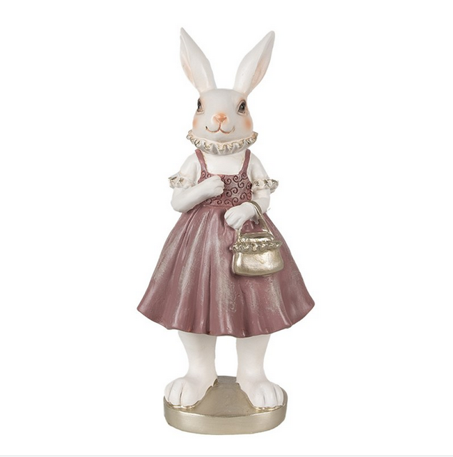 Lapine en résine robe rose, col blanc et sac doré