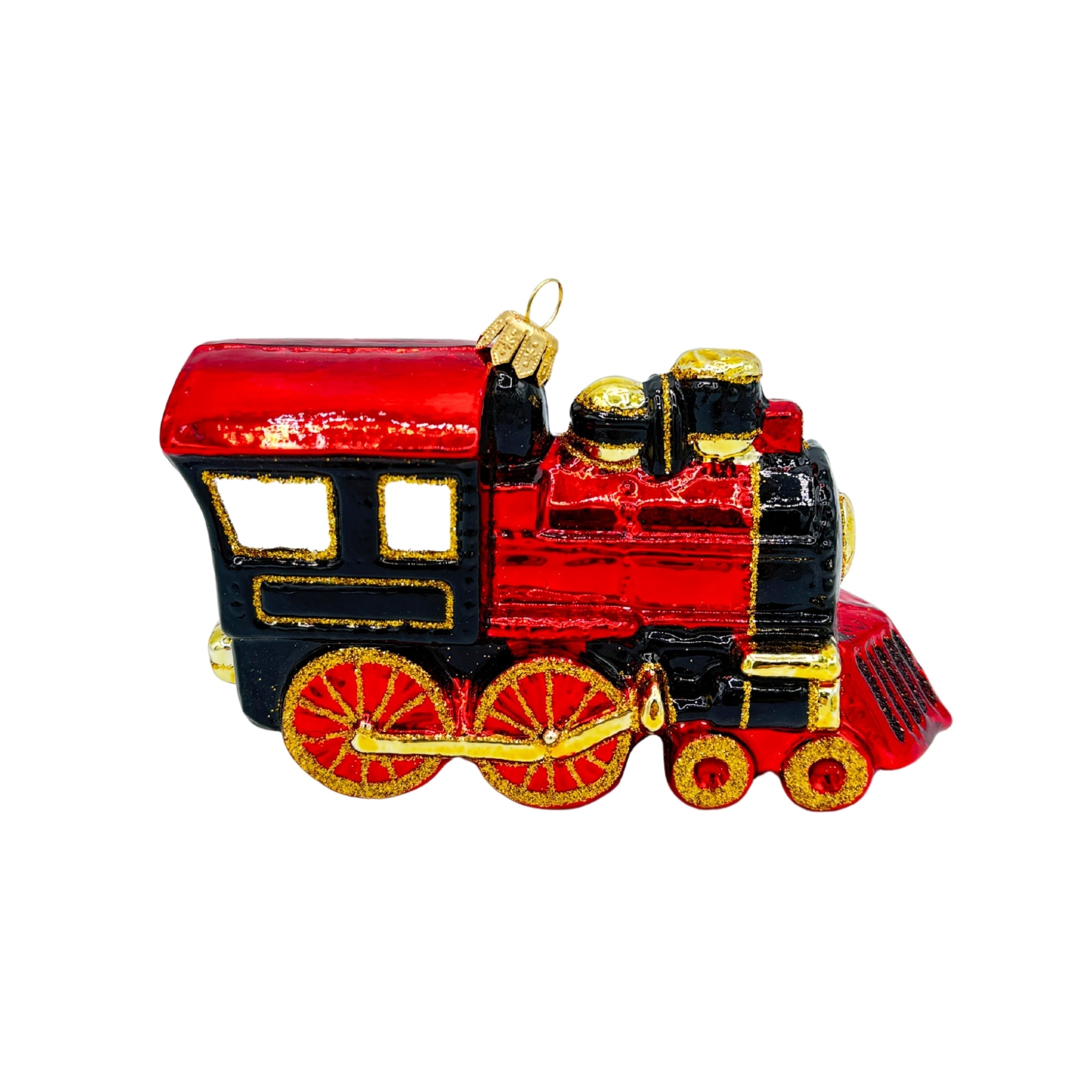 Locomotive en verre rouge et noir à suspendre, décoration de Noël avec détails dorés et roues sculptées