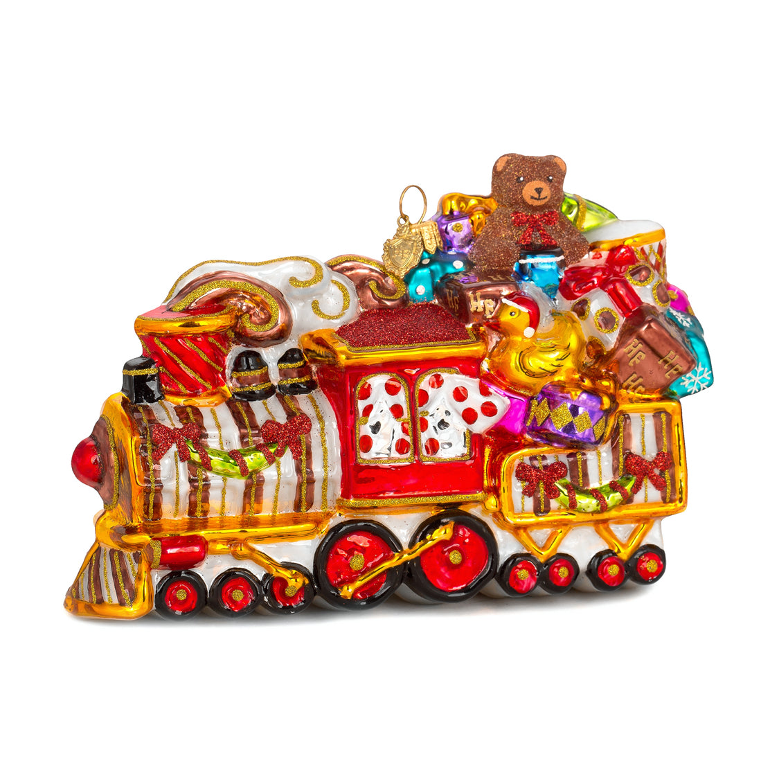 Locomotive en verre soufflé rouge et or chargée de cadeaux, avec ours en peluche