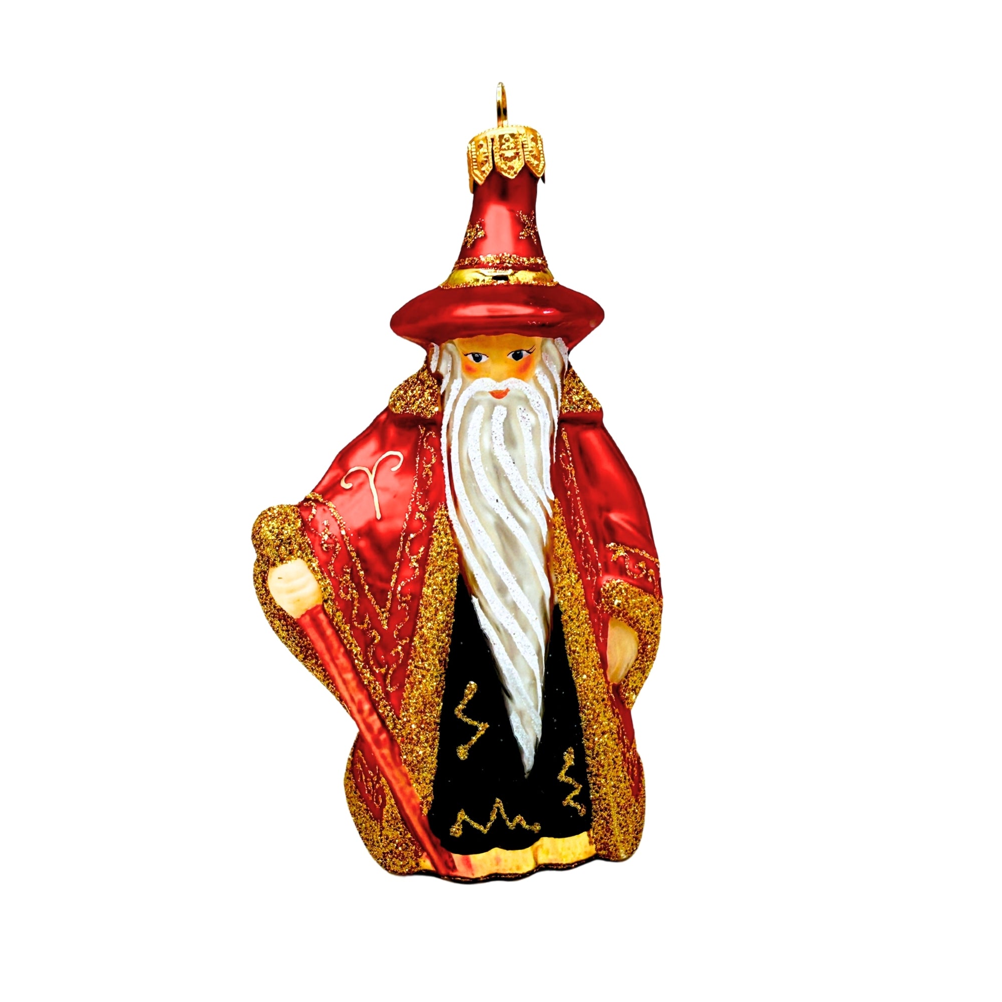 Magicien décoratif en verre rouge et doré, figurine suspendue avec chapeau, barbe blanche et détails peints brillants