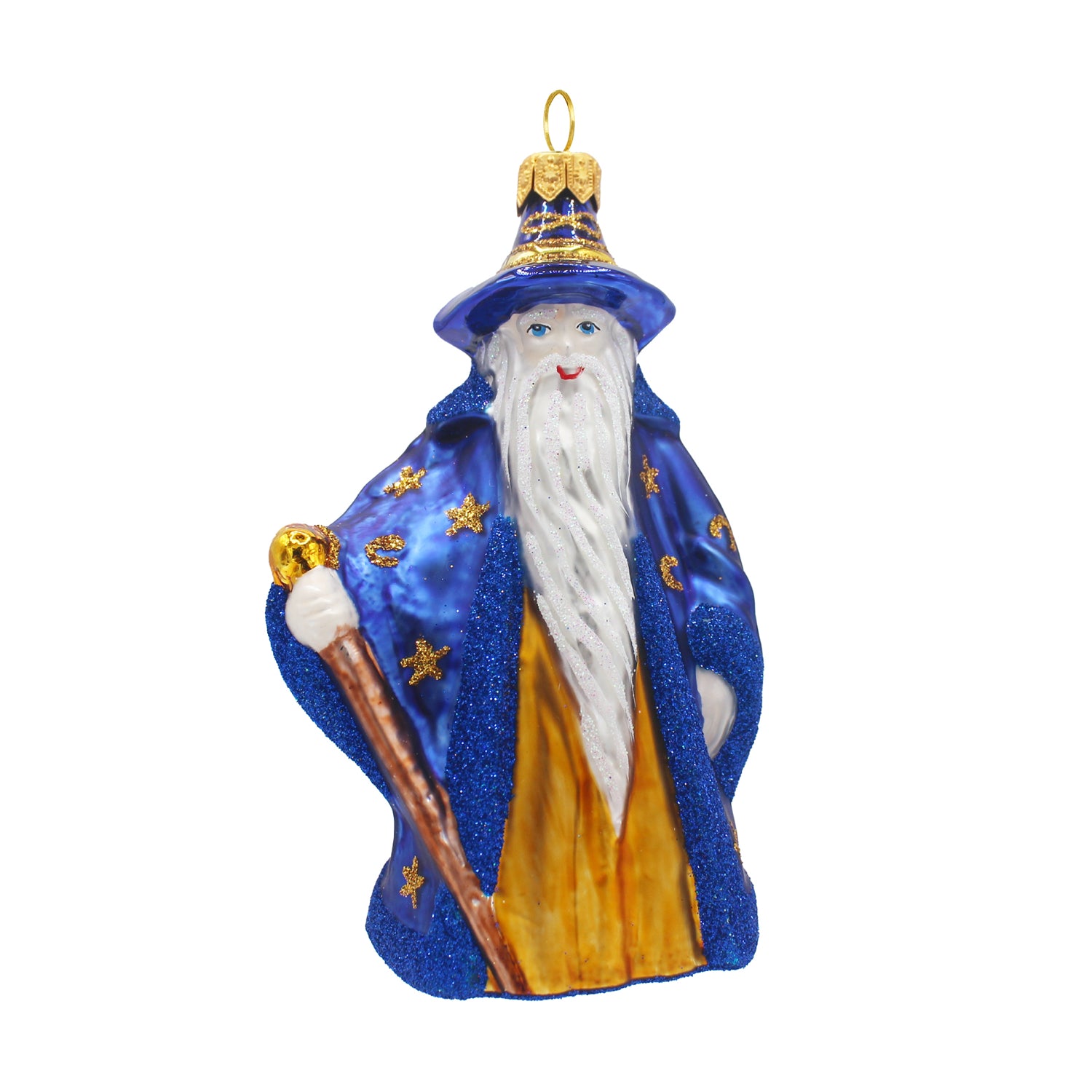Magicien en verre soufflé bleu et doré, barbe blanche, étoile et bâton