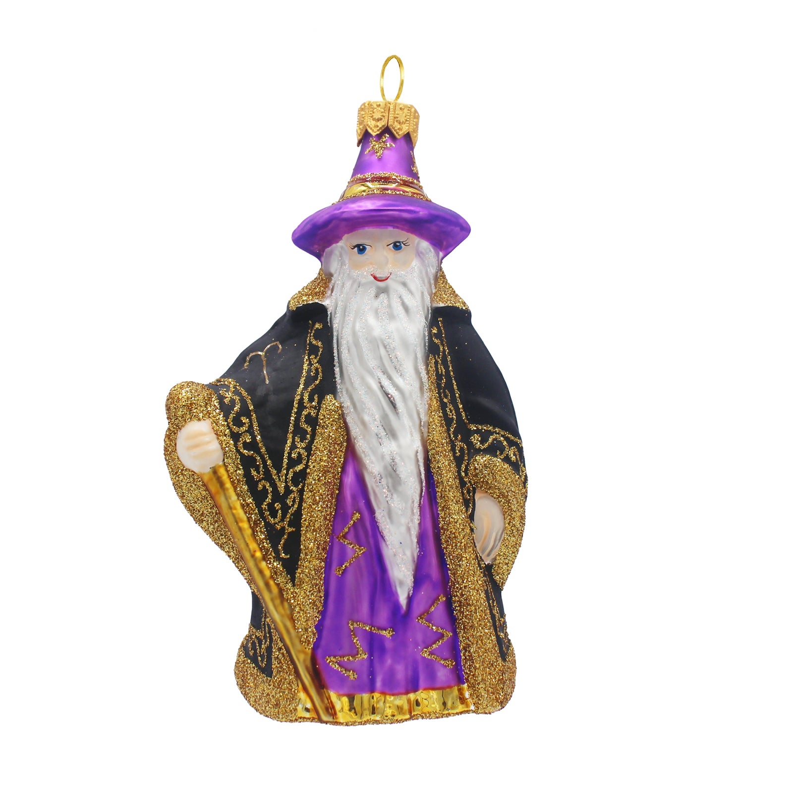 Magicien en verre soufflé violet et noir à bordures dorées, barbe blanche et baguette